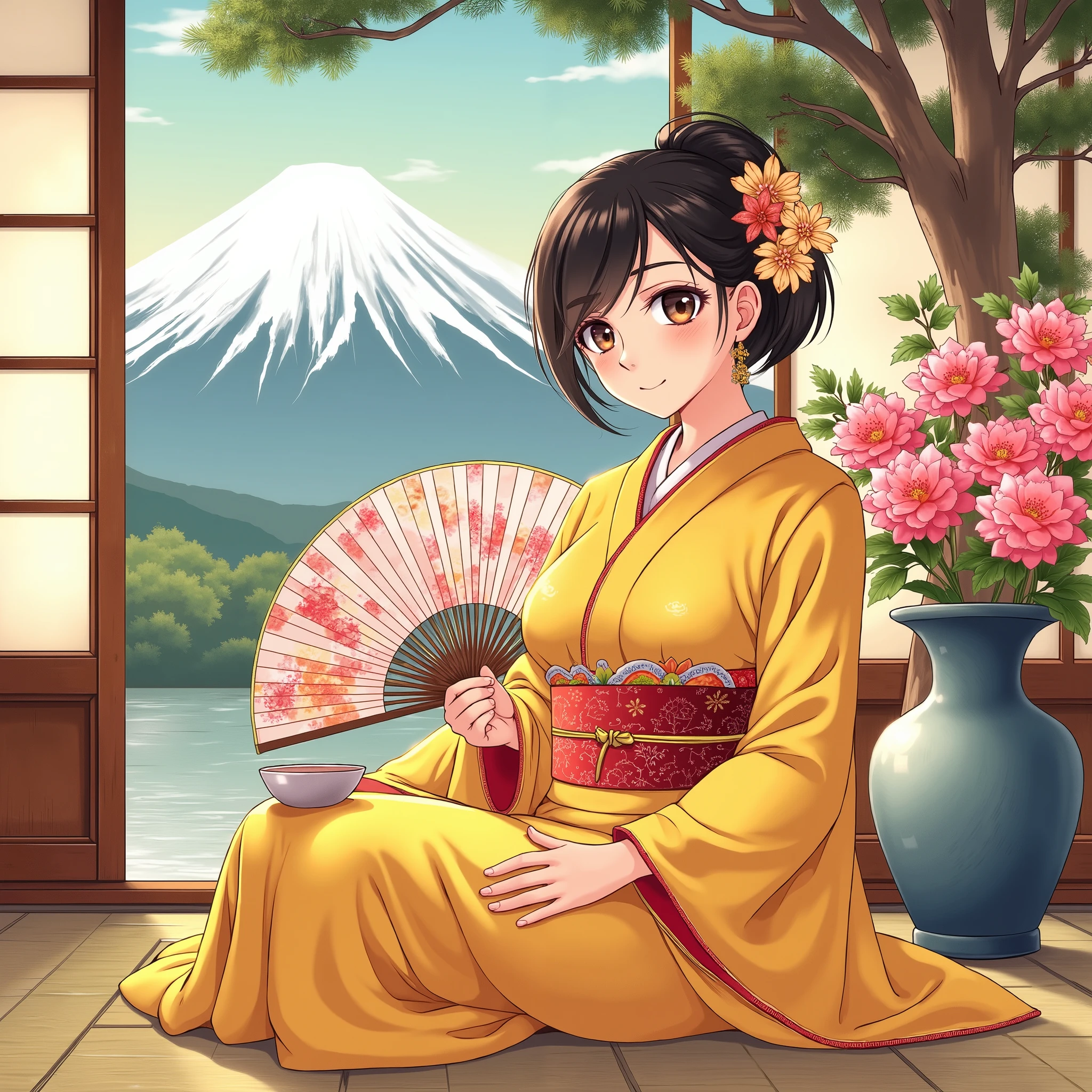 illustrations、Anime、A beautiful 25 year old woman is sitting、 yellow kimono 、Japanese Women、Japanese-style room、pine tree、meters. Fuji、 Beautiful flowers in a vase 々 、Floral fan、 woman has big breasts 、Japanese tea、