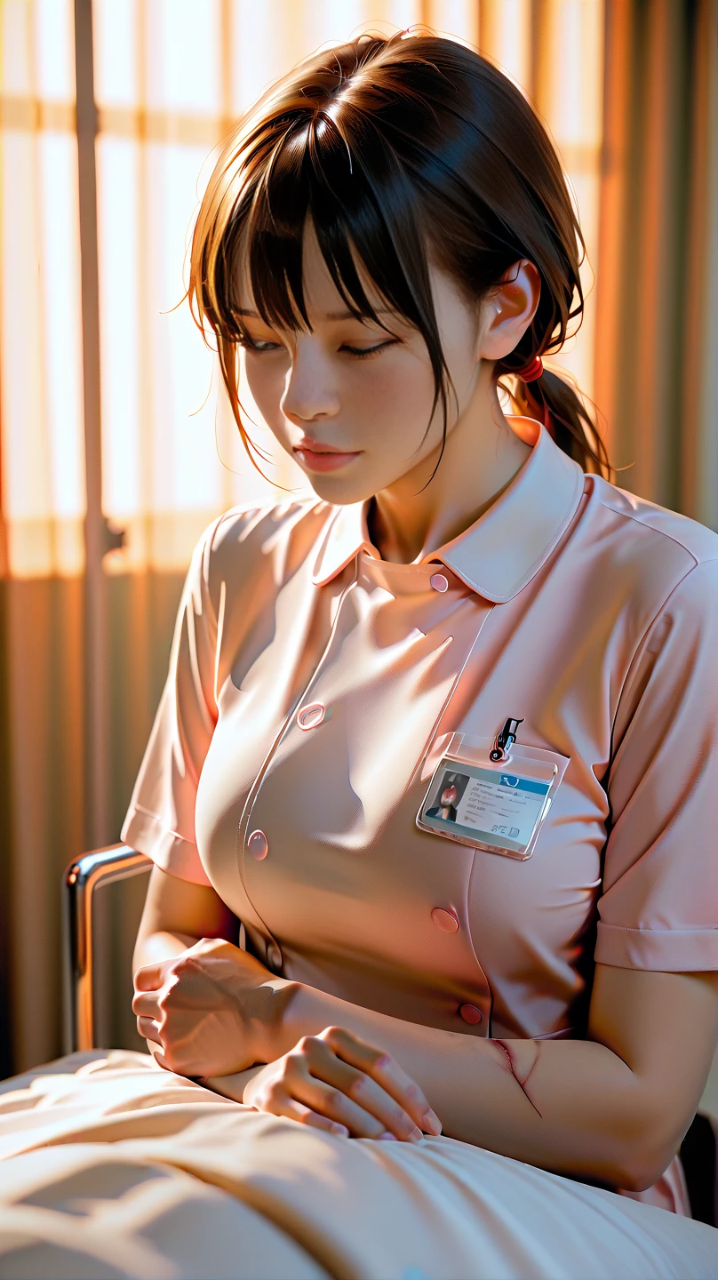 (best quality,4k,8k,highres,masterpiece:1.2),ultra-detailed,(realistic,photorealistic,photo-realistic:1.37),intensive care unit,patient,nurse,romantic scene,bed,medical equipment,silky smooth skin,curly hair,gentle touch,passionate atmosphere,emotional connection,medical uniform,beaming eyes,blush on the cheeks,sitting in a riding position,subtle lighting,warm colors,soft focus,vivid colors,detaiented,tender feeling,sensual mood,professional,erotic art,love in the hospital,affectionate moment,closeup on their faces,subtle smile.