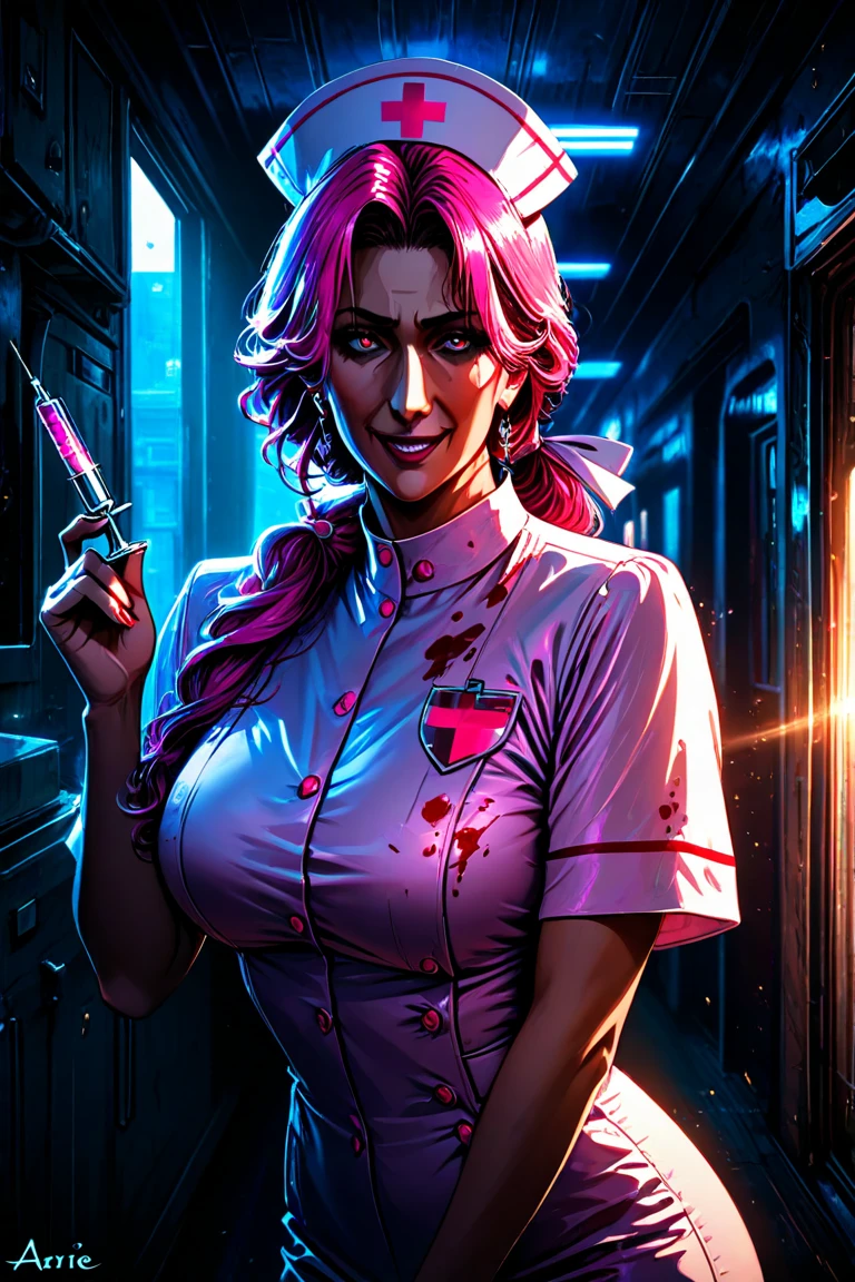 "expressive anime sketch style, solid coloring, Tank Girl, wearing nurse outfit, face with ornate blackmetal corpsepaint, uv light ray face mask, with a Frederic Delavier-inspired musculature anatomical illustration style. Piercing eyes, Set against a liminal hospital corridor background with florescent low level dim glow, with a subtle, glowing ROYGBIV color palette and hospital tones. Incorporate expressive, Joelle Jones-style comic book art nuances and Gerardo Zaffino-inspired charcoal textures. Emphasize the surreal, abstract, and cinematic aspects, with a focus on craftsmanship and nuance. Incorporate subliminal orchids and a sense of nyctophobia, with a silhouette and double exposure effect, creating an image within an image."