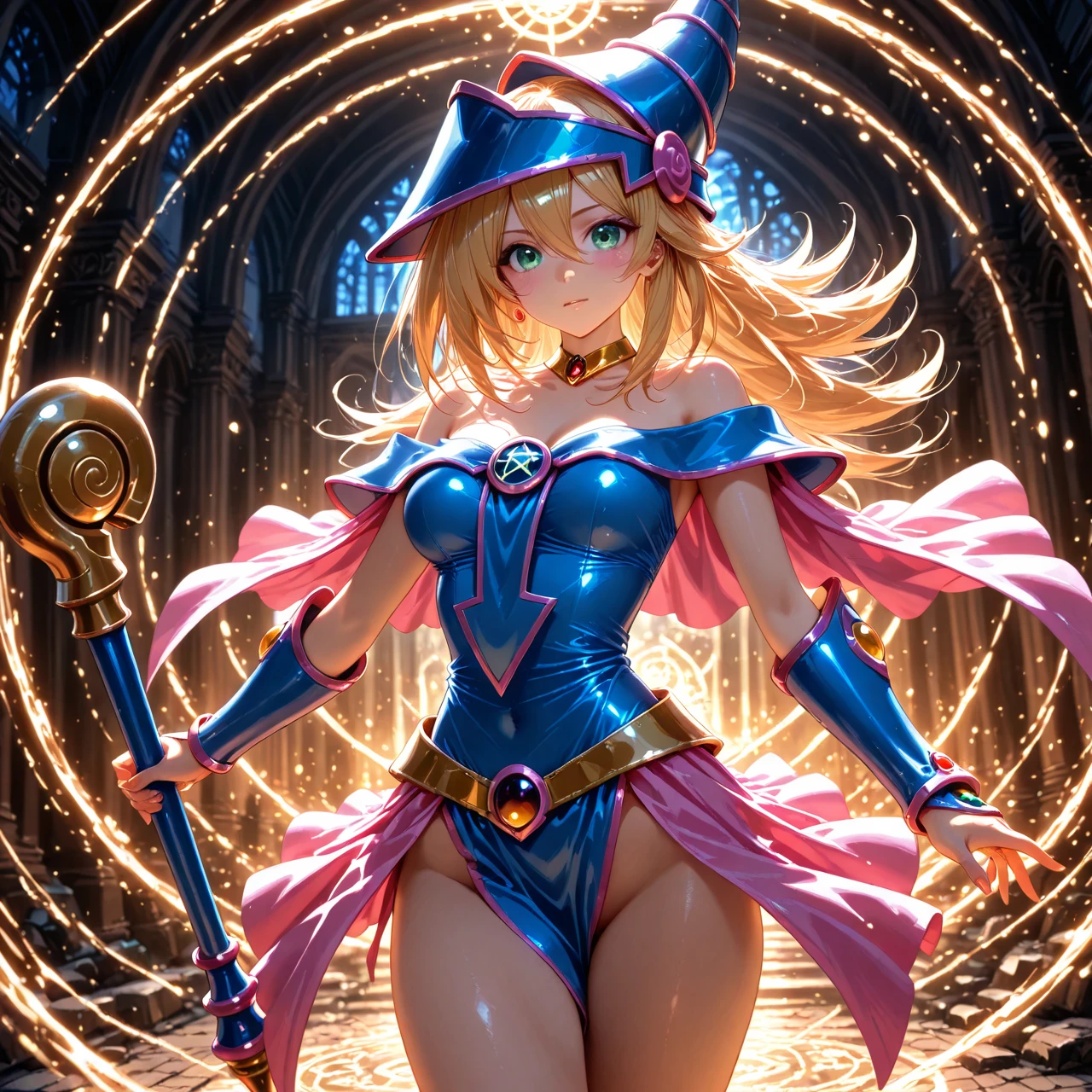 dark magician girl, anatomically correct, dynamic pose, smiling, elegant, xianxia fantasy style, intricate details, masterpiece, 8k, photorealistic, vibrant colors, dramatic lighting, cinematic composition,solo