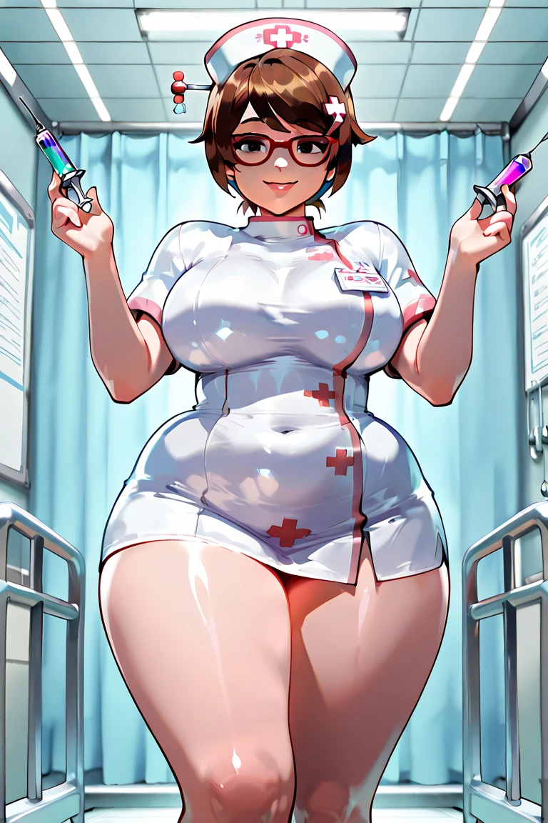 1girl, 独奏, nurse, nurse cap, white wear, ((white legwear, zettai ryouiki)), white gloves, pink hair, drooping eyes, ((covered nose)), standing, ((hospital room)), sharp outline, short sleeves, best quality, masterpiece,Fleshy,Brown eyes,Black hair,happy,lol,Thick thighs,Close Range,Positive、Full body portrait、blush、Absolute area、White underwear、Cleavage、Unbutton your shirt、((Full Body Lesbian))、masterpiece、(highest quality)、Panties around the ankles、Tiptoe,Open clothes