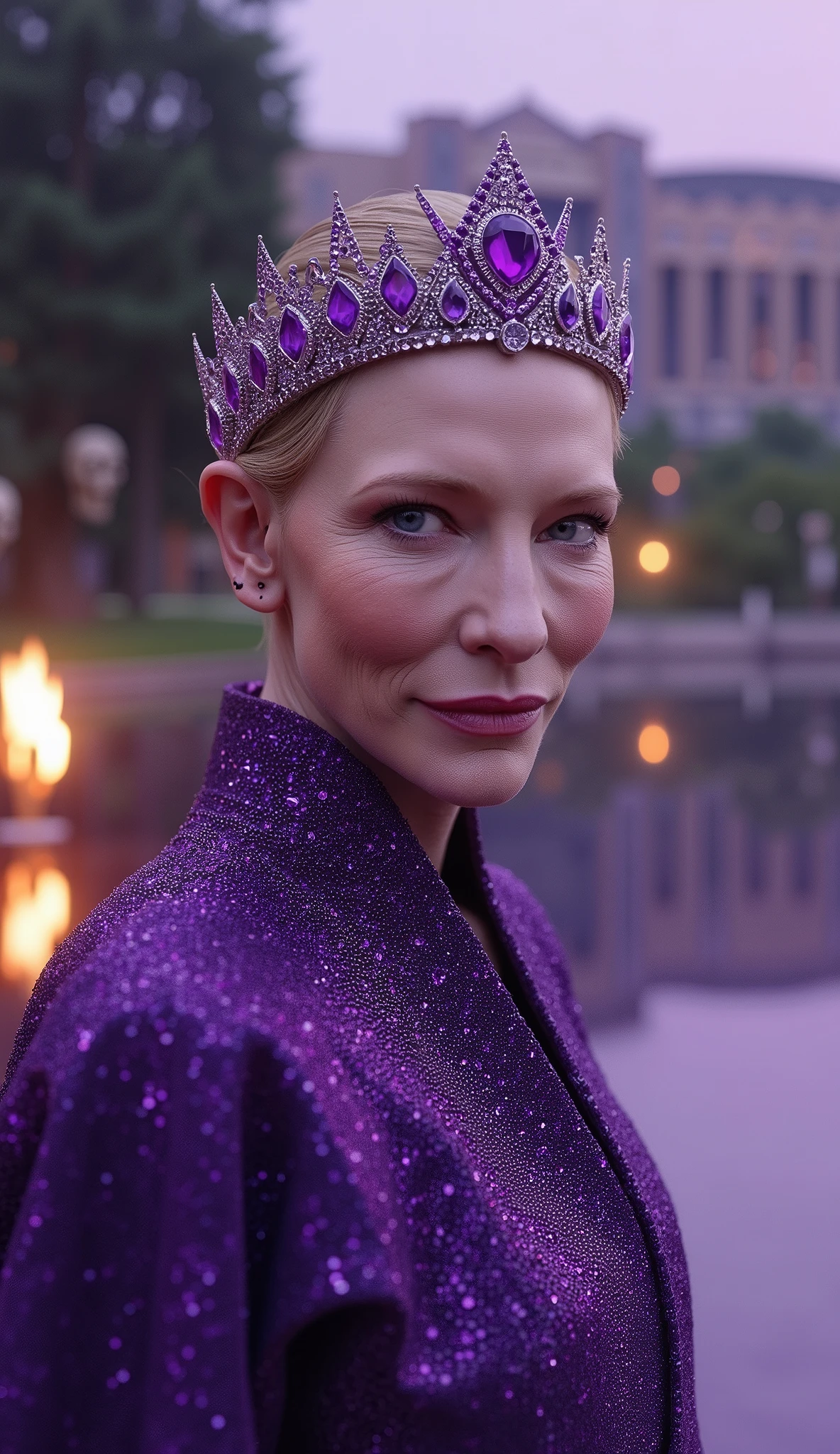 Hyperrealistic Cate Blanchett in purple with her purple diamond crown and gemstones with tribal details in a park with torches in the with purple and hanging skulls hyperrealistic, upper body, em 8k em um parque hiper realista com uma arena de fundo e lago com agua roxa claro e brilhante upper body em 8k