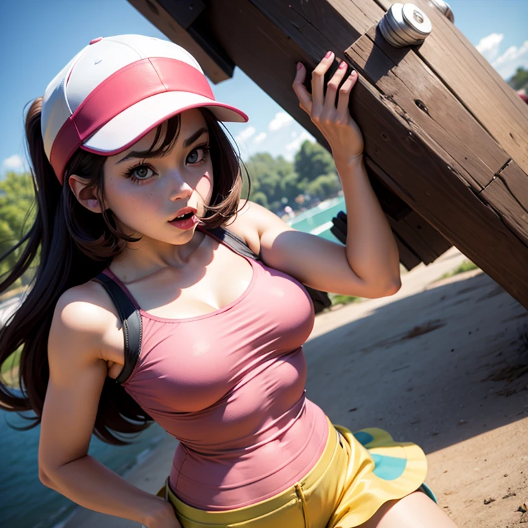 Tifa Lockhart, 1girl, defTifa, white shirt,elbow pad, gloves, suspenders, black socks, red boots, full body, medium breast, beautiful face, highly detailed face, highly detailed eyes, highly detailed skin, skin pores, subsurface scattering, realistic pupils, medium breast, full face blush, full lips, detailed background, depth of field, volumetric lighting, sharp focus, absurdres, realistic proportions, good anatomy, masterpiece, best quality,realistic, hyperrealistic, 16k hdr,erected nipples,see through nipples,cleavage,navel,(sweat:1.2),outdoor,blue sky,beach background,((Embarrassment,red blush:1.2)),necklace,sitting,show off pussy,from below,(holding realistic dildo,sucking dildo,oral dildo:1.3),