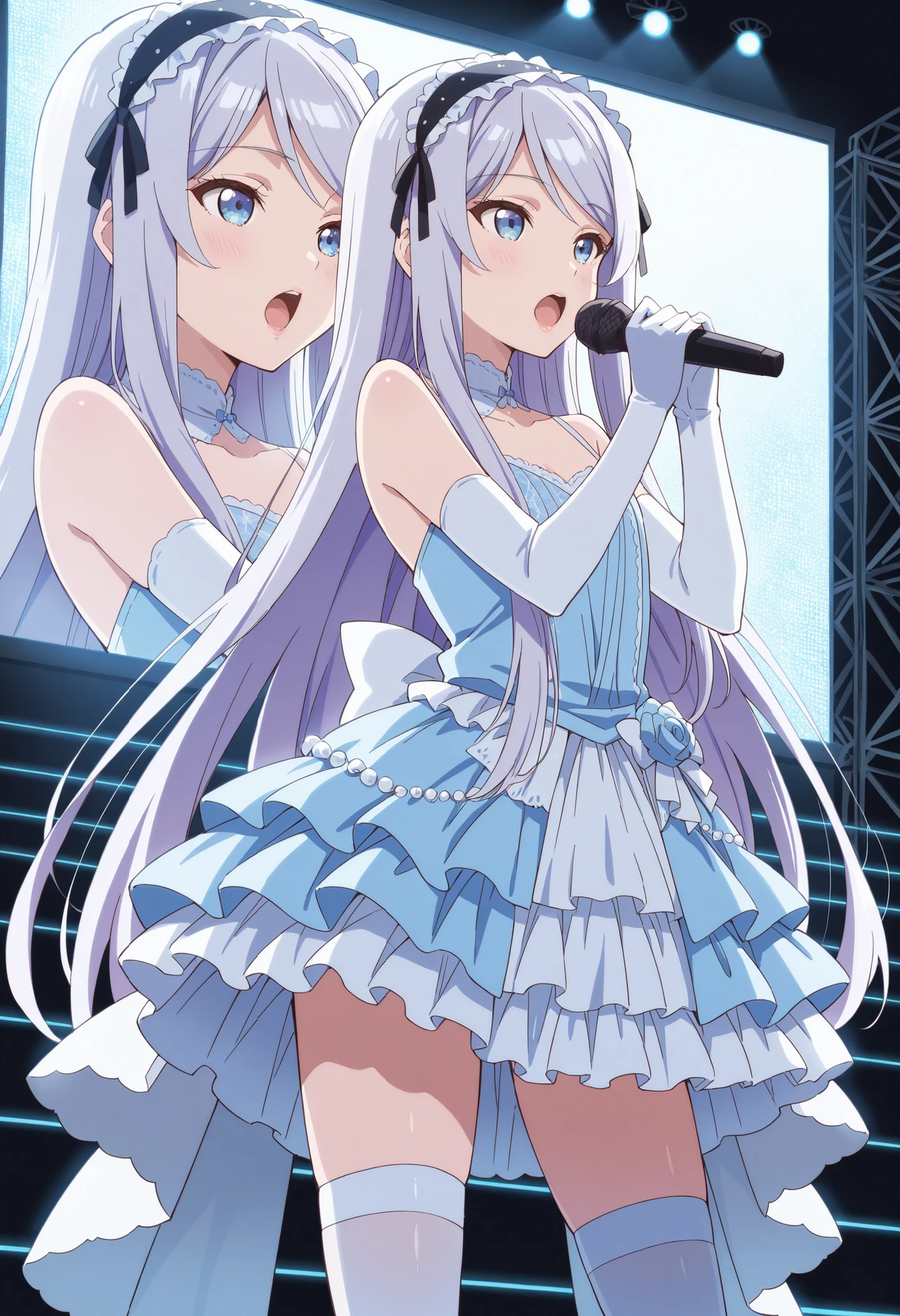 Score_9, score_8_up, score_7_up, source_anime, shisei houjou (kurakon), solo, very long hair, grey hair, frilled hairband, hair ribbon, sidelocks, blue eyes, flat , (best quality), (high quality), {masterpiece}, extremely delicate and beautiful, ultra-detailed, beautiful detailed eyes, idol, idol costume, blue dress, white elbow gloves, white thighhighs, holding microphone, on stage, screen, multi colored light, standing, singing, pink lips, open mouth