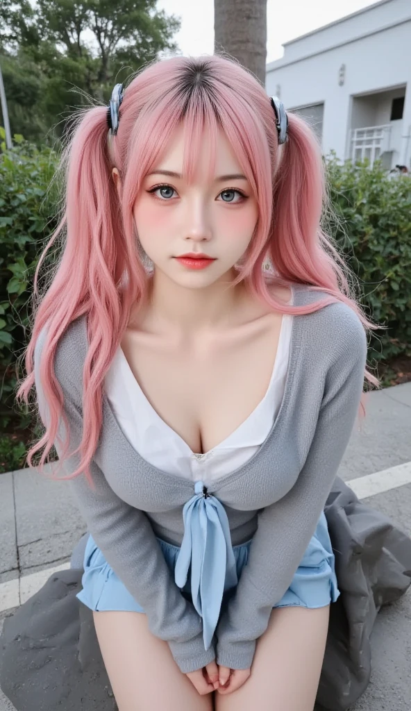 ,((Pink Hair))、((Pink Hair))、((Twin tails))、((Small fox ears))、((Highest quality、8k、masterpiece))、((Landmine Girl))Highest quality、Professional Writing、 Detailed workmanship、High resolution、(8k, High resolution:1.2)、(RAW Photos, Realistic:1.3)、masterpiece、Slim figure、High resolutionの顔、The face is in focus、High resolutionの目、(concentrated, Symmetrical pupils:1.2)、Slim figure、High quality and beautiful skin、Firm skin High definition hair texture、 (Japanese schoolgirl)、Unparalleled beauty、17 years old 、((On the streets of Kabukicho at night))、(Summer JK uniform)、(Sit on the ground:1.3), ((Keep your arms tight against your chest:1.3)), Very cute, (Very angry:1.3), (blush:1.3), (scared:1.3), Cute smile、Look up at the camera:1.2、(Shirt front opening:1.2), (Cleavage, Browsing Caution)