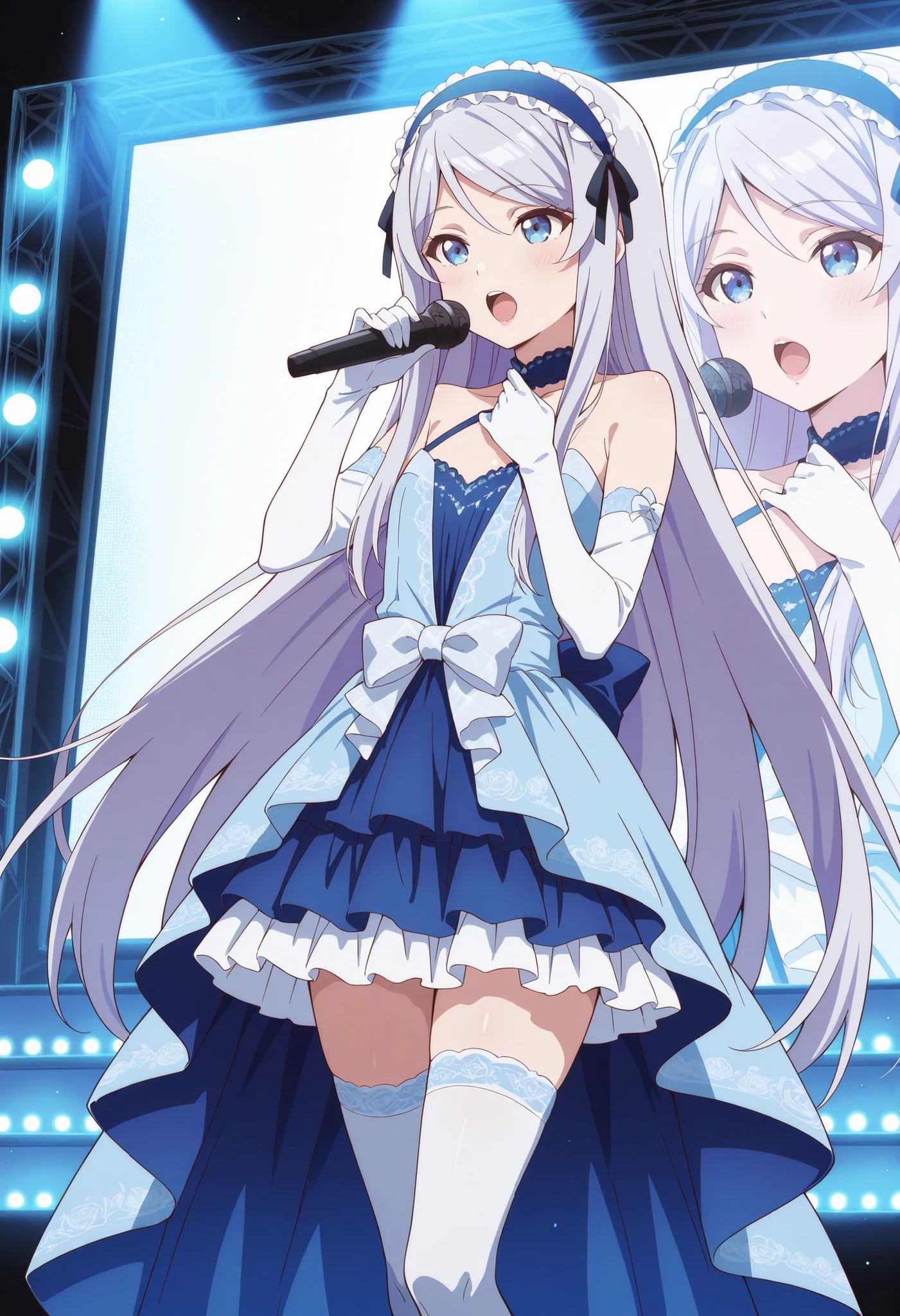 Score_9, score_8_up, score_7_up, source_anime, shisei houjou (kurakon), solo, very long hair, grey hair, frilled hairband, hair ribbon, sidelocks, blue eyes, flat , (best quality), (high quality), {masterpiece}, extremely delicate and beautiful, ultra-detailed, beautiful detailed eyes, idol, idol costume, blue dress, white elbow gloves, white thighhighs, holding microphone, on stage, screen, multi colored light, standing, singing, pink lips, open mouth
