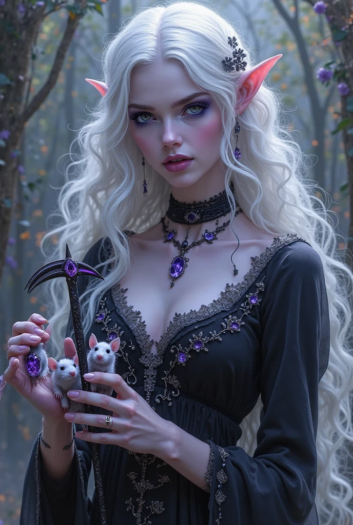 A cute woman (dark elf, pitch black skin, violet eyes, silver hair, spider silk woven gown, bloody hands) is moving tp a spider altar carrying a bowl of bloody hearts 