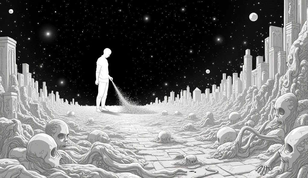 **Image Prompt 26:**
**Description:** A colossal white tapestry stretches endlessly across the dark grid floor, woven from countless delicate threads—each thread depicting scenes of lives, faces, memories, and symbols in fine linear detail. At the edge, a single white silhouette gently pulls one shimmering thread, and as it does, entire portions of the tapestry unravel behind it—faces dissolve, structures collapse, timelines snap. The figure looks back, horrified, as the unraveling follows the thread in its hand like a slow-moving wave of erasure. Overhead, constellations fade one by one in sync with the disintegration below. The image evokes fragility, unintended consequence, and the interconnected unraveling of meaning.
**Style:** White silhouettes on a dark grid background, no shading, cosmic horror comic aesthetic.
**Key Details:** Endless tapestry with complex woven imagery; single thread pulled by a figure; large-scale unraveling effect; vanishing stars in sky; warped grid near the unraveling edge.
