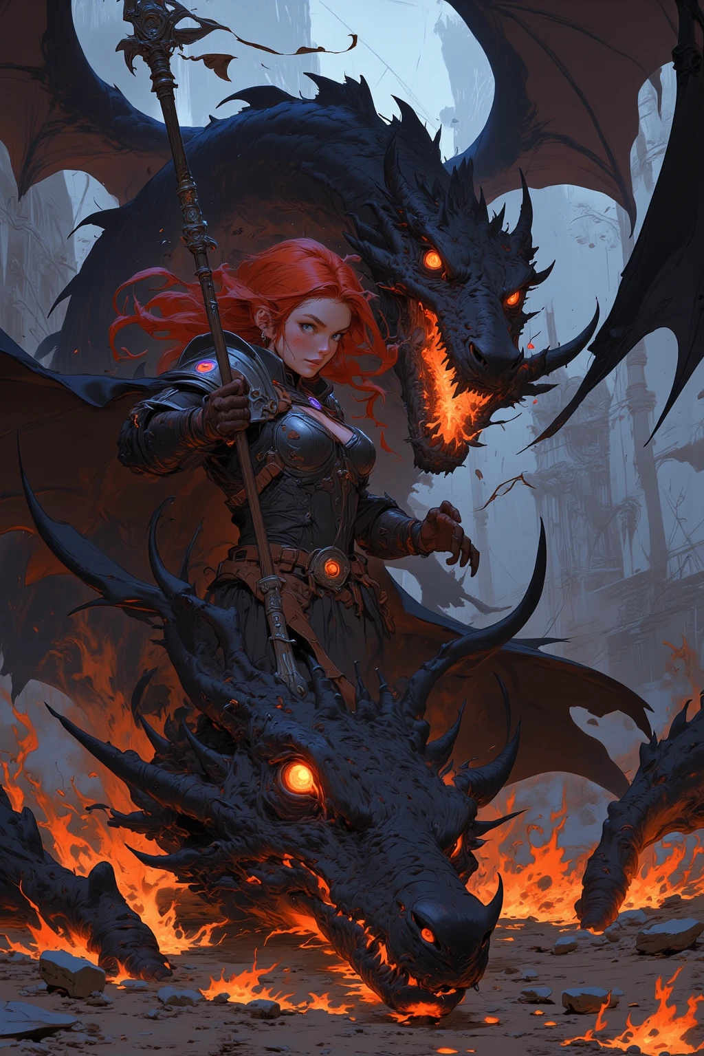 best quality,masterpiece,eye reflection,hyper depressed full body scene superpowered evil sorceress, detailed symmetrical beautiful velvety green eyes, detailed gorgeous face, volumetric long lush red hair, dynamic pose, perfect shading, with dramatic lighting.centered, intricate long dress costume, seductive aura, beautiful curves,,beautiful thighs, small waist, gorgeous body, conjuring a portal, rendered in 12K resolution for high detail quality, concept art, smooth, sharp focus, illustration, field depht, highly detailed, smooth natural volumetric cinematic perfect light, intricate art masterpiece, full body image, dungeon, fire, incredibly sexy and detailed dark clothes, corset,stylized footwear up to the shin,science fiction elements,dungeons and dragons,skulls stacked on the chao,lava stream, explosion,rainy day, open portal