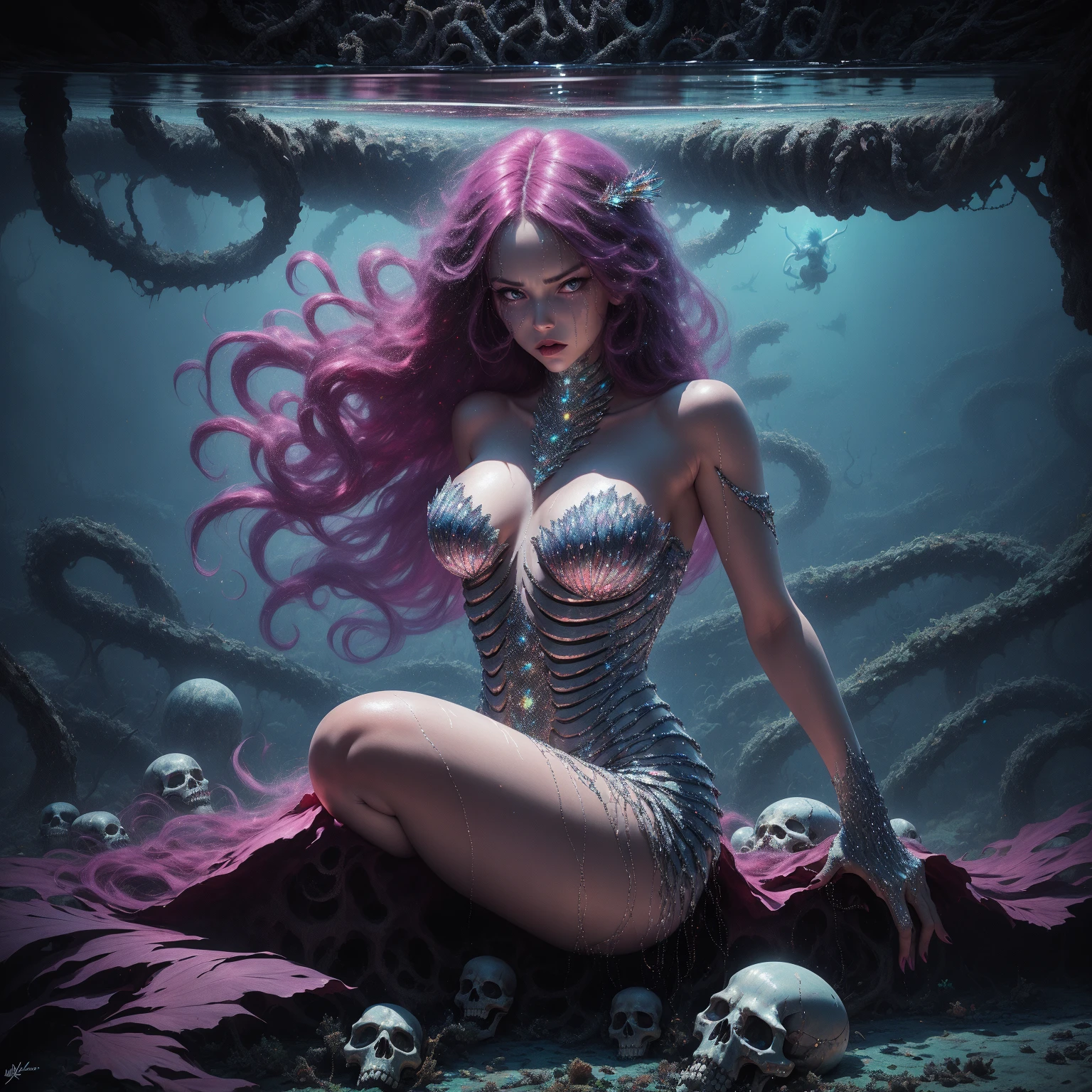 {-erro_de_anatomia:1.0} woman 30 years old, underwater, skeleton, corpse,Under the sea, where coral tendrils and vines abound, a woman (mermaid), long purple hair (purple hair) looks at you amidst a pile of bones and skulls. Indifferent look , merciless. Lying among the skulls. Angry face.