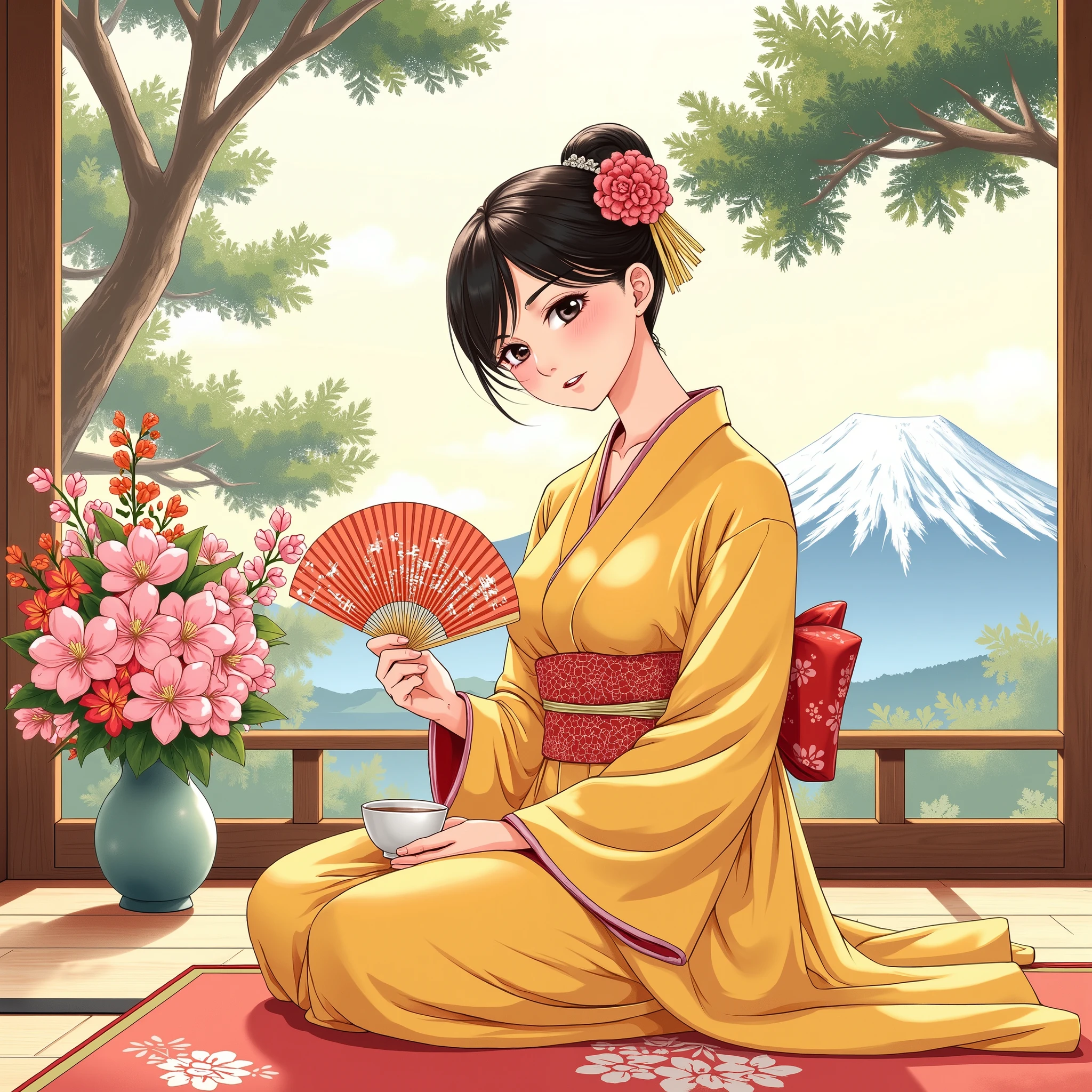 illustrations、Anime、A beautiful 25 year old woman is sitting、 yellow kimono 、Japanese Women、Japanese-style room、pine tree、meters. Fuji、 Beautiful flowers in a vase 々 、Floral fan、 woman has big breasts 、Japanese tea、