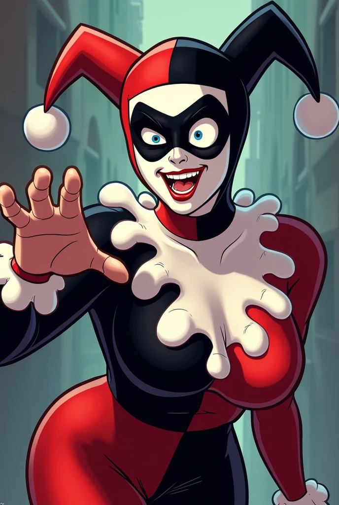 masterpiece, best quality, 1girl, hq1992, solo, bodysuit, domino mask, gloves, hat, jester cap, mask, parody, red and black bodysuit, red gloves, grin, solo, (giantess, giant), sitting, city background, POV shot, suit unzipped, (pulling the suit open, revealing chest)