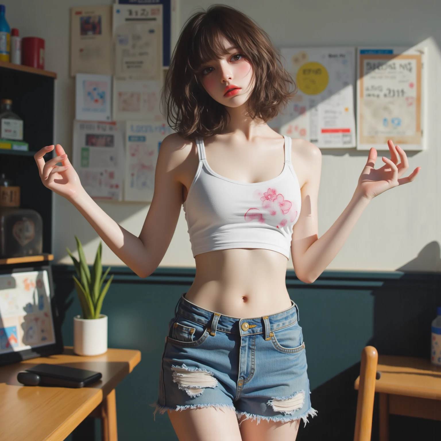 Girl in white bra and tight denim skirt posing for photo, full body, with cropped T-shirt, bra, slim body, smaller bust, slim girl model, 24-year-old female model, lying on the construction site, a group of black men onlooking