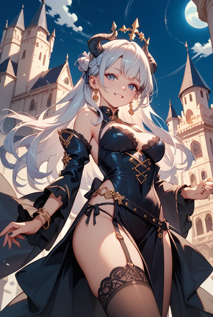 Woman knight、a beauty girl、huge tit、Excellent style、Nice Buddy、glamorous、Black leotard、s Armor、Bra chest armor、knee boots、gauntlets、greave、hair adornments、silber hair、Longhaire、Ahoge、Medieval city、full body seen、outside of house、Night view、a smile、slightly open mouth、Hands behind your back、１Person-person perspective、Looking at the camera