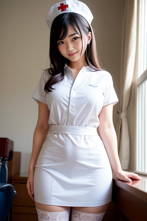 masterpiece, Highest quality, figure, Very detailed, The finer details, High resolution, 8k,wallpaper, Perfect dynamic composition,(Detailed high quality, Realistic depiction of eyes:1.3),(A tight-fitting waitress uniform with buttons on the collar and chest), Seraphim, Short Bob Hair, The background is an empty changing room, Deep in the field, Black hair color, Big Natural Color Lip, (Perfect figure), (smile)、Harajuku Style, Adorable expression、Expressions of happiness、Amazingly cute、Cute type、Beautiful feet, Idol Sculpture、Big Breasts