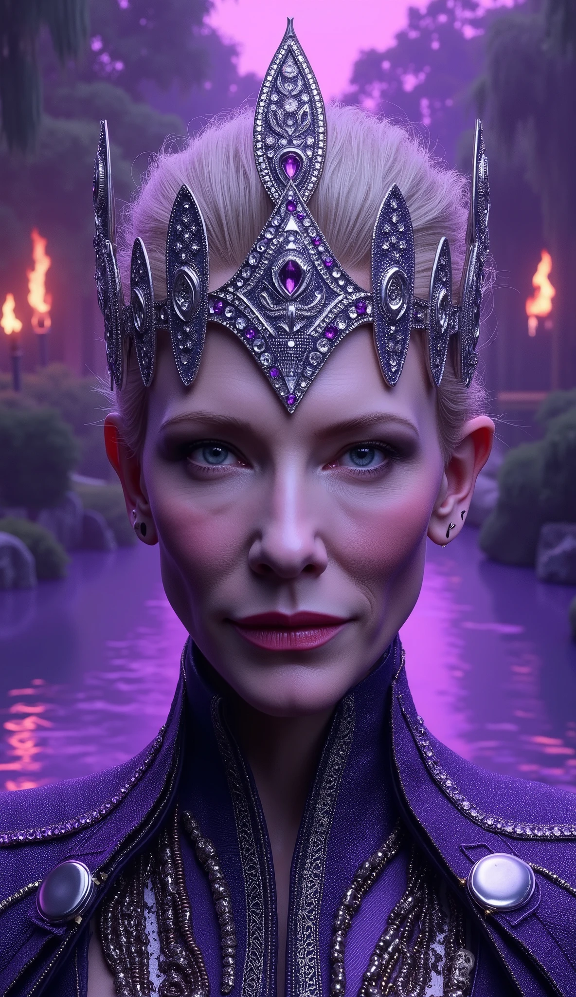 Cate Blanchett from Sindel hyperrealistic Mortal Kombat in purple with her crown of diamonds in the color purple and precious stones with tribal details in a park with torches in the with purple and hanging skulls hyperrealistic, upper body, em 8k em um parque hiper realista com uma arena de fundo e lago com agua roxa claro e brilhante upper body em 8k