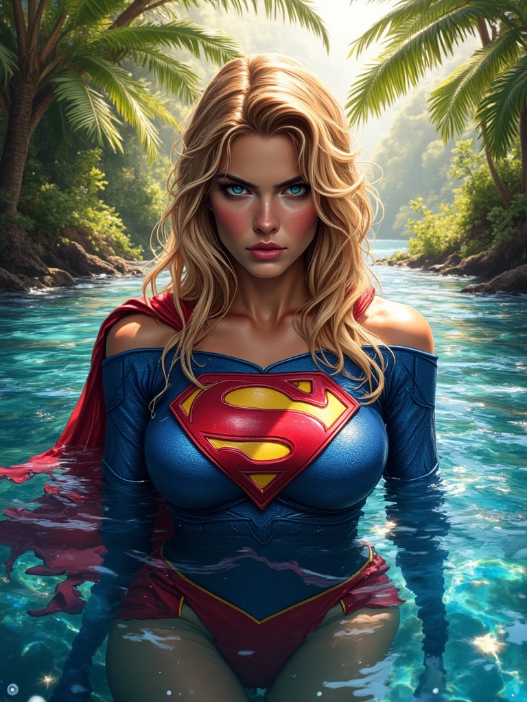 Best Quality, Masterpiece, (Realistic: 1.5), Photo-Realistic, Supergirl Flying Over a Lake, Chest Uncovered, Mouth Open --auto --s2