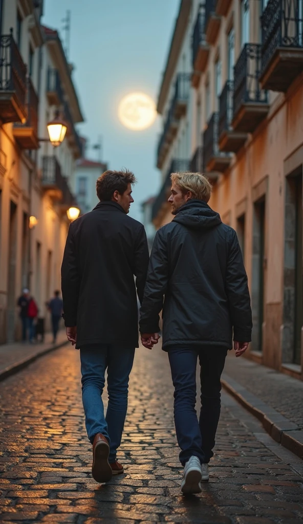 2 handsome men hugging each other lovingly in town square,in night, cinematic lighting, masterpiece, detailed face, smiling