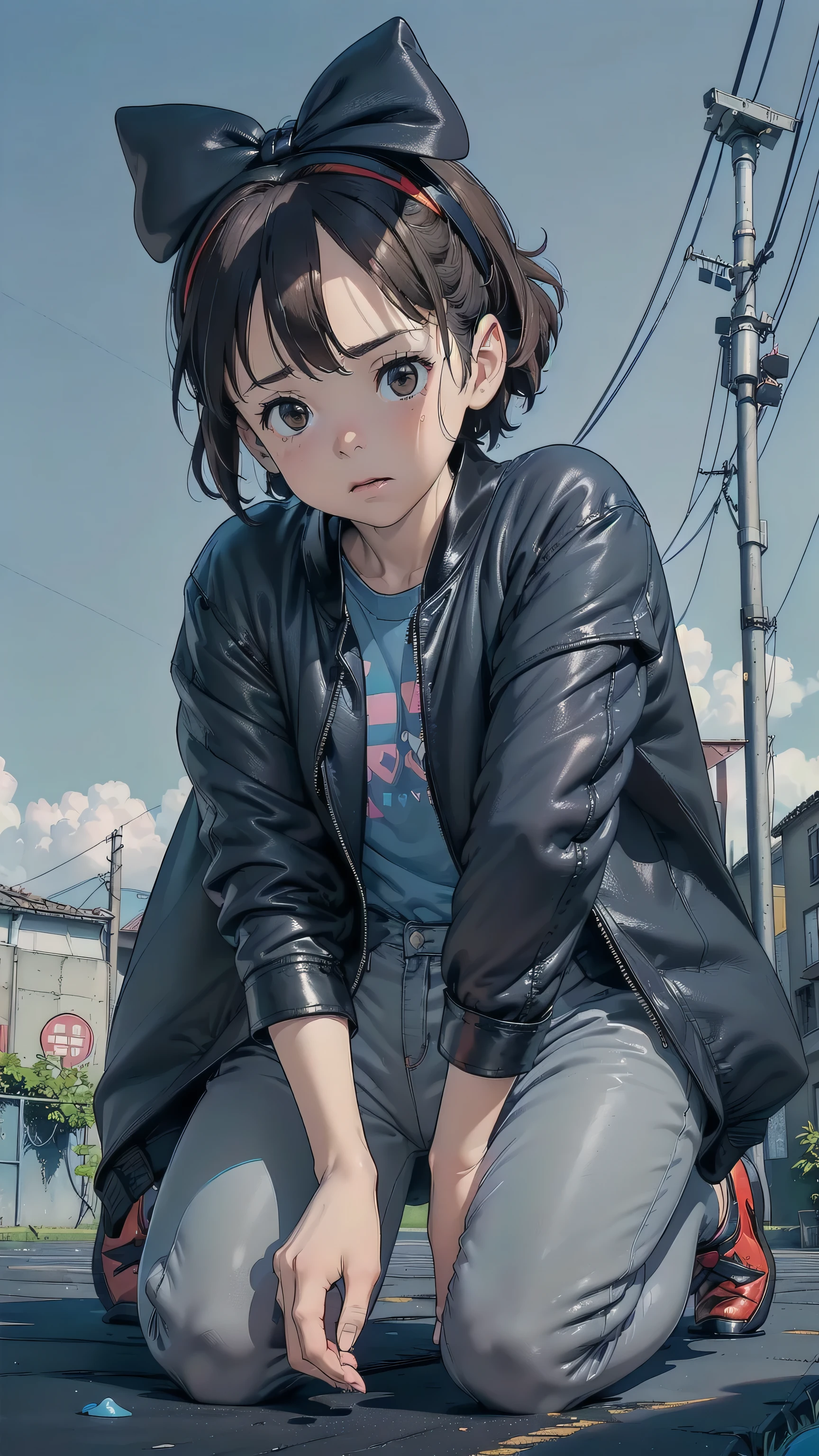 ((top quality, ultra-detailed, high resolution, extremely detailed CG, unity 8k wallpaper, by famous artist, perfect anatomy, super detailed skin, cinematic lighting, UHD, retina, anatomically correct, 1080P)), (Please draw a single one sad girl kneeling without background:1.3), ((humbly happy look)), ((1girl)), a junior high school student, ((cute petit girl)) androgynous charm, ((black brown hair:1.3)), ((black brown eyes:1.3)), ((giant red bow on top of the head:1.5)), ((short hair)), ((very thin legs)), ((skinny legs, thin body, small build)), Full limbs, complete fingers, ((perfect fingers and hands)), flat chest, small breasts, ish body, small butt, groin, Beautiful detailed full yellow gold eyes, perfect eyes, (Detailed Lighting), ((black photographic background)), Cute, kawaii single girl (one girl), full body shot, front body, ((little young body:1.3)), ((kneeling)), ((sad face)), ((blue light gray long pants:1.5)), ((pastel sky blue shirt:1.5)), ((very long black leather jacket opened over clothes:1.5)), ((tennisshoes)), ((ツインテール)), ((flat chest)), ((child:1.3)), ((children:1.3)), ((小柄で未熟な女の子:1.0)), ((the jacket is too large for her because it belongs to his older brother)), ((The jacket extends like a cape because it is very long and large:1.5)), ((TOO LONG JACKET:2.0))
