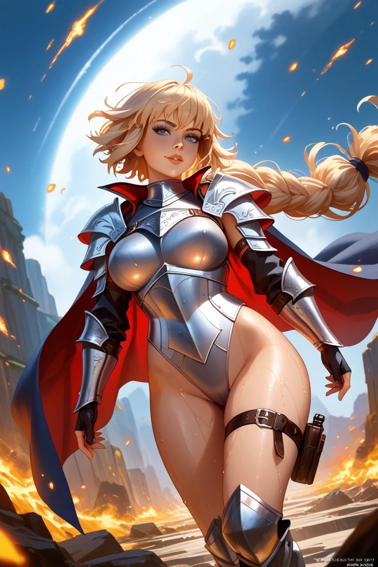 highly insanely detailed, masterpiece, top quality, best quality, highres, 4k, 8k, RAW photo, (1girl),solo,Persephone, blond hair, long hair, green eyes, bikini armor,white power armor, gauntlets, makeup, pauldrons, red cape, gorget,forehead armor, hair over eyes, bangs, elbow gloves,
watercolor, line art,
large breasts,
castle, debris, magic, fire, smoke, battle, outdoors, city,
blurry background,
dynamic pose, planted sword,
(dynamic weather), (random colors), (dynamic colors),
<lora:Persephone_V02-000002:0.80>