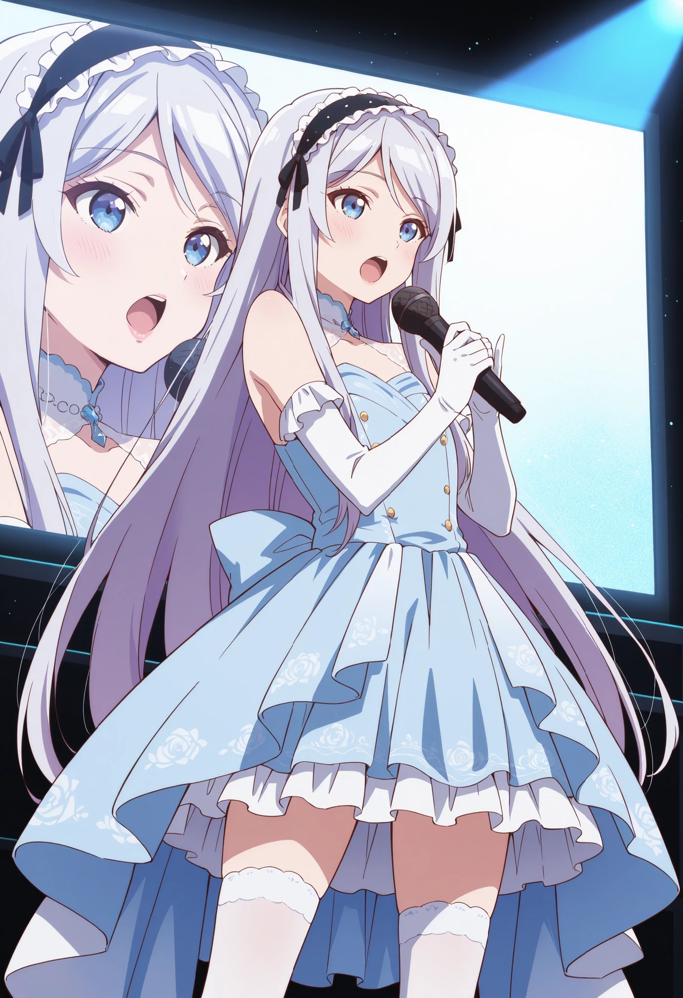 Score_9, score_8_up, score_7_up, source_anime, shisei houjou (kurakon), solo, very long hair, grey hair, frilled hairband, hair ribbon, sidelocks, blue eyes, flat chest, (best quality), (high quality), {masterpiece}, extremely delicate and beautiful, ultra-detailed, beautiful detailed eyes, idol, idol costume, blue dress, white elbow gloves, white thighhighs, holding microphone, on stage, screen, multi colored light, standing, singing, pink lips, open mouth