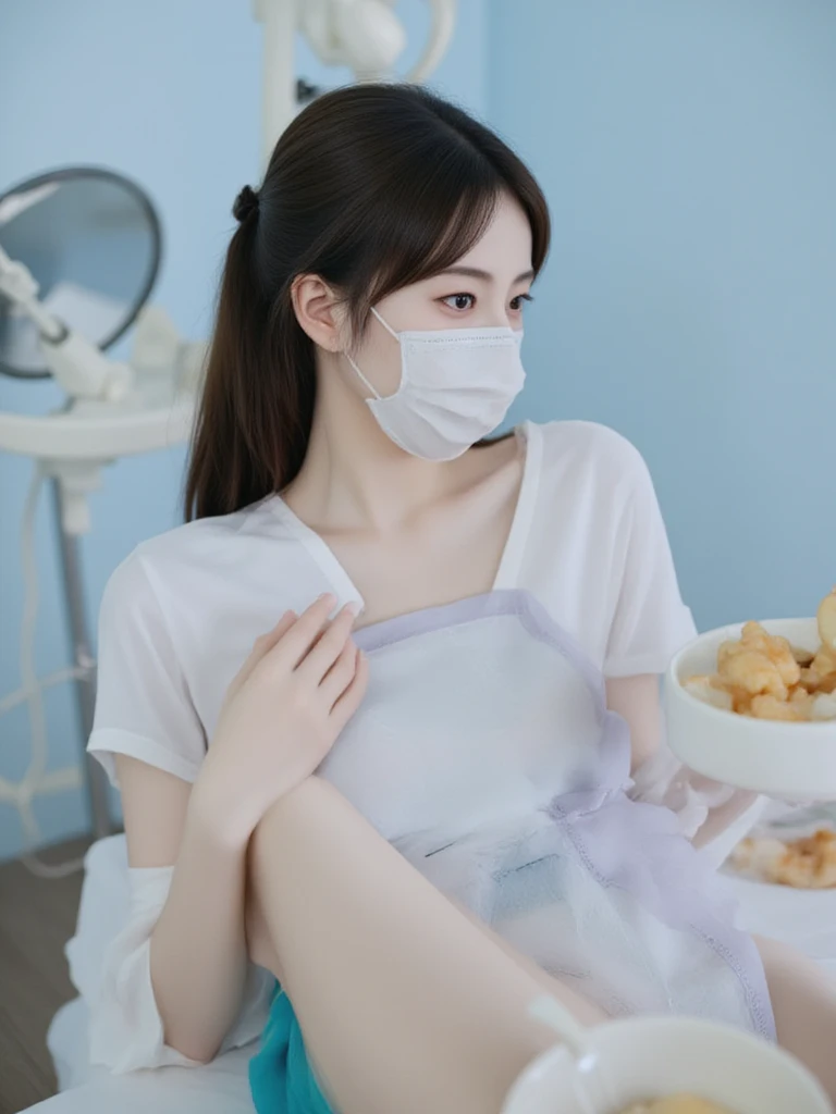 (((best quality))),(((ultra detailed))),(((masterpiece))),illustration,1girl,solo,slim,fragile,beauty,light blue hospital gown,sitting on the surgical bed,hospital operating room,contraceptive coil removal,anxiety,anticipation,long flowing hair,almond-shaped eyes,fair complexion,soft color,slender figure,tidy bow,sterile equipment,metal bed frames,healthcare professional,scrubs,surgical mask,spread legs apart