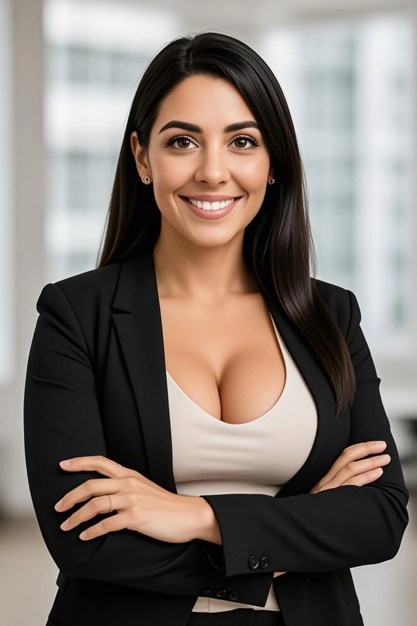 (((RAW photo, film grain))), (((Beautiful Brazilian businesswoman))), (((wearing a business suit, business suit with bold colors, business suit with vibrant colors))), ((smiling)), flawless exotic beauty, jaw dropping beauty, most beautiful woman in the world, dark thick eye brows, flawless eyebrows, dark thick eyelashes, flawless eyelashes, beautiful eyes, detailed eyes, flawless eyes, perfect face, flawless olive skin, mesomorph body type, hourglass body shape, perfect body, flawless body, (posing with arms crossed and smiling, powerful woman), (sultry expression), inside a law office, law firm, lawyer girl, extremely detailed hands, perfect hands, extremely detailed fingers, perfect fingers