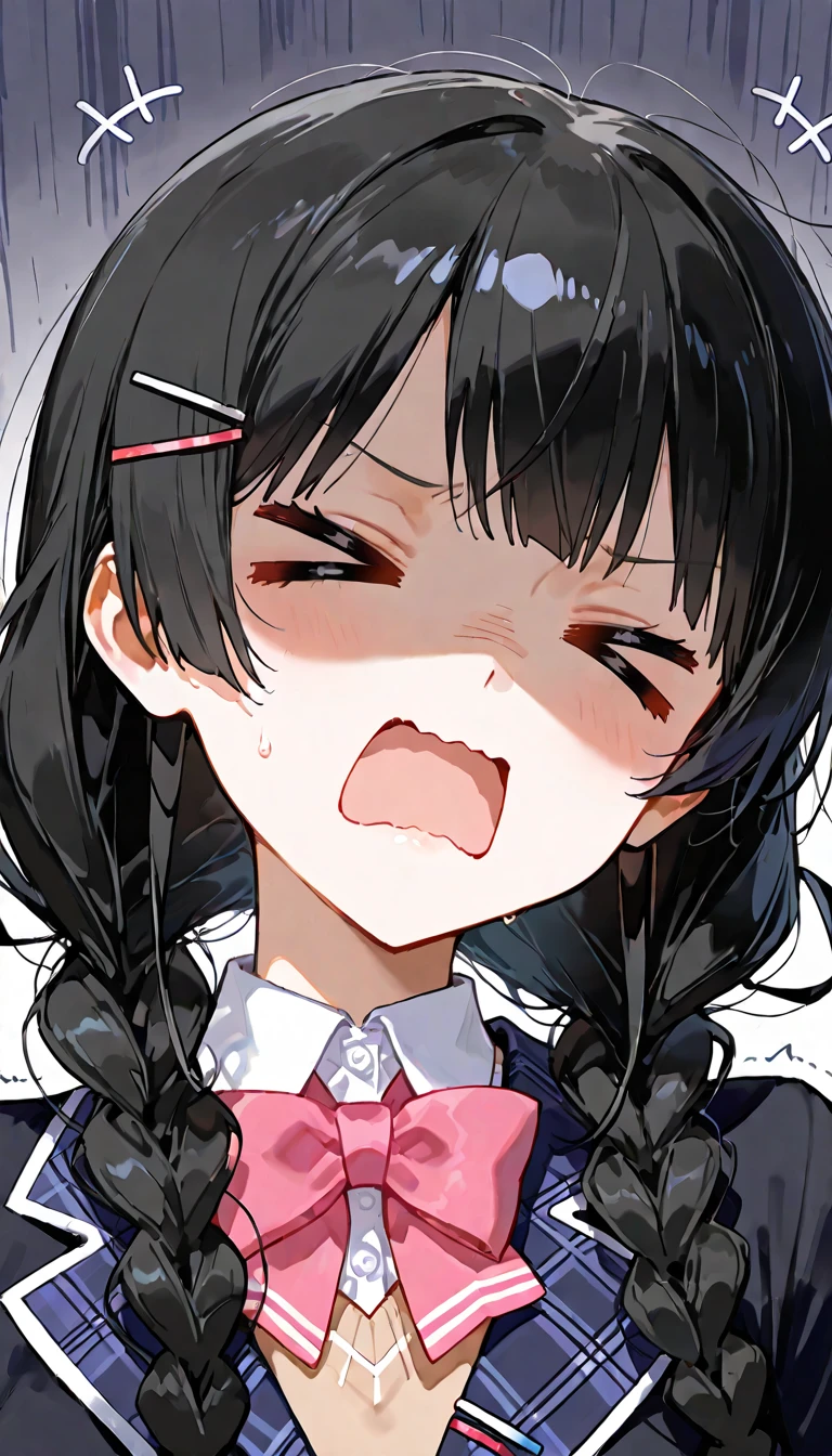 (handjob),side view,eye-level shot,face focus,open mouth,tongue out,cum on tongue,Licking the penis,(1girl,Beautiful 16 year old girl),((Slender,Small breasts,Baby Face,Small face,)),looking at viewer,Black Hair,bangs,two side up,Gray Eyes,Drooping eyes,slit pupils,narrow eyes,,shirt,Checked tie,Checked Skirt,Beautiful and detailed anime art,Mischievous smile,Dimly lit room,Simple Background,Gray background,Low lighting