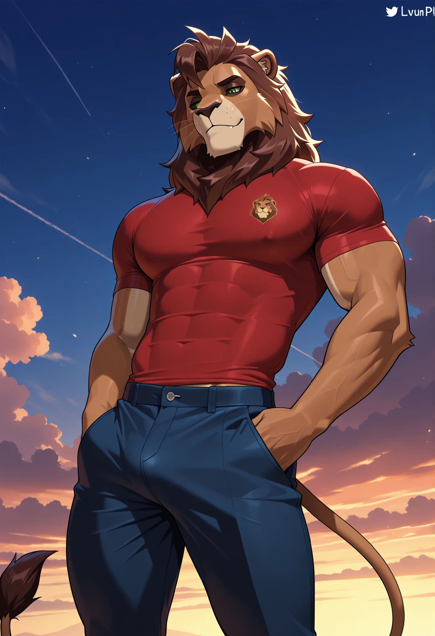 masterpiece, best quality, amazing quality, male, KovuPXL, anthro lion, bara, brown fur, dark brown mane, colored sclera, green eyes, lion tail, shirts, pants