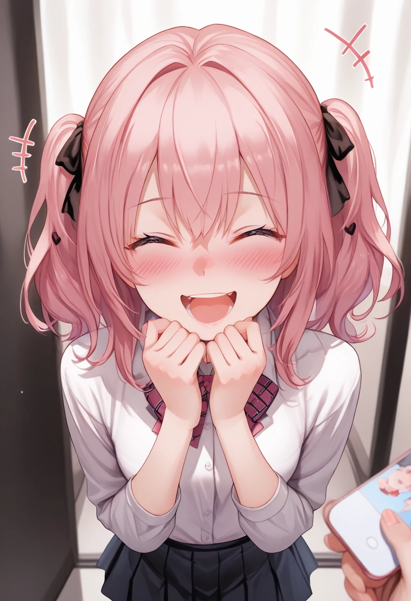 (best quality, masterpiece:1.2), illustrations, a cute girl, early teens, very lovingly face, twintails, pink hair, maid wear, (closed eyes, open mouth, blush cheeks, saliva trail:1.2), kneeling on wooden floor, in front of standing viewer, (from above:1.5), overlooking, in the livingroom, nsfw, (fellatio gesture:1.2),