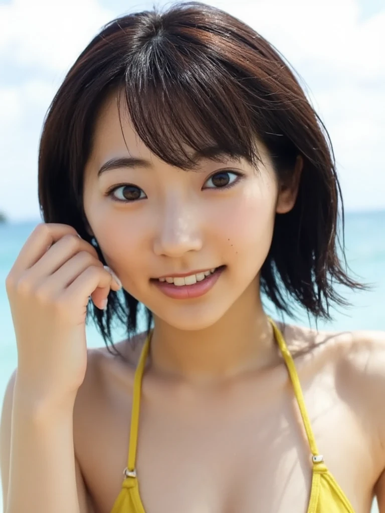(Ultra-detailed、A hyper-realistic: 1.3)、Cute Korean teen with a dazzling smile、(8K、Raw photo、Background blur: 1.2)、(bangss、Ultra-realistic skin texture: 1.4)、(14 year old standing on the beach wearing a cute micro bikini: 1.5)