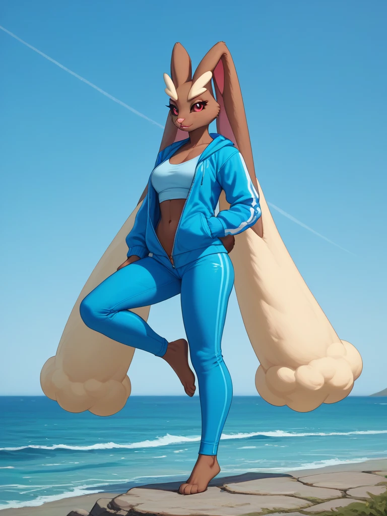 [pokemon; lopunny], [Uploaded to e621.net; (Foxovh), (Pixelsketcher), (mayosplash)], ((masterpiece)), ((HD)), ((High res)), ((solo portrait)), ((full body)), ((back view)), ((feet visible)), ((furry; anthro lop bunny)), ((detailed fur)), ((cel shading)), ((detailed shading)), ((beautiful render art)), {(anthro pokemon; lopunny, brown fur, (long floppy bunny ears), (ears down back like hair), (small fluffy beige rabbit tail), (long beige fluffy eyebrows), (defined muscles), (curvy hips), (beautiful legs), (beautiful feet), (blushing), (cute frown), (annoyed expression)}, {(teal sports bra), (cleavage), (navel), (black yoga shorts)}, {(on beach towel), (kneeling), (looking back at viewer)}, [background; (beach), (beautiful ocean), (clouds in sky), (blue sky), (sun rays), (ambient lighting)]