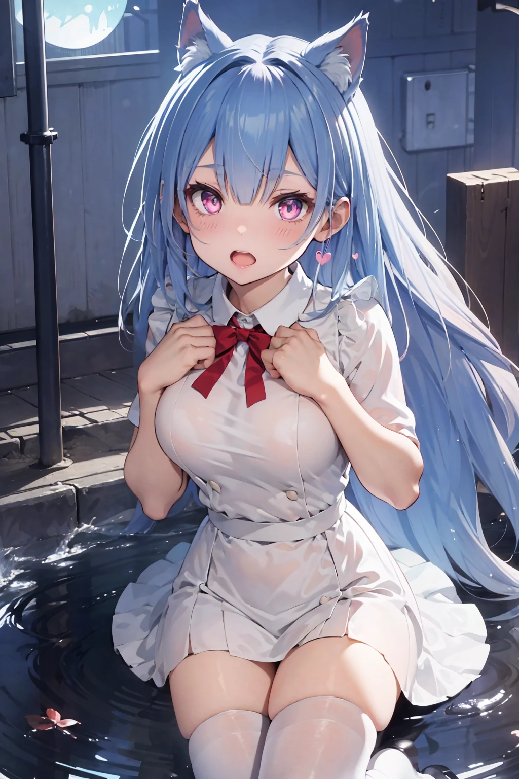 (masterpiece, best quality）a girl，blush，Completely pure white bikini，Leaky groove（（Half off ultra short mini skirt）），（spread legs），small breasts，pain，lying on white bed，detail，（Completely soaked，completely wet），Awkward，surprise，Extreme shyness，doubt
