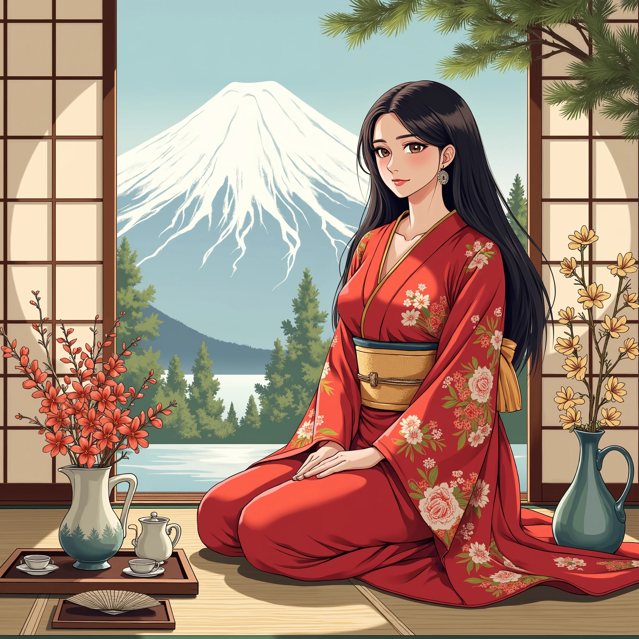 illustrations、Anime、A beautiful 25 year old woman is sitting、 red kimono 、Japanese Women、Japanese-style room、pine tree、meters. Fuji、 Beautiful flowers in a vase 々 、Floral fan、 woman has big breasts 、Japanese tea、