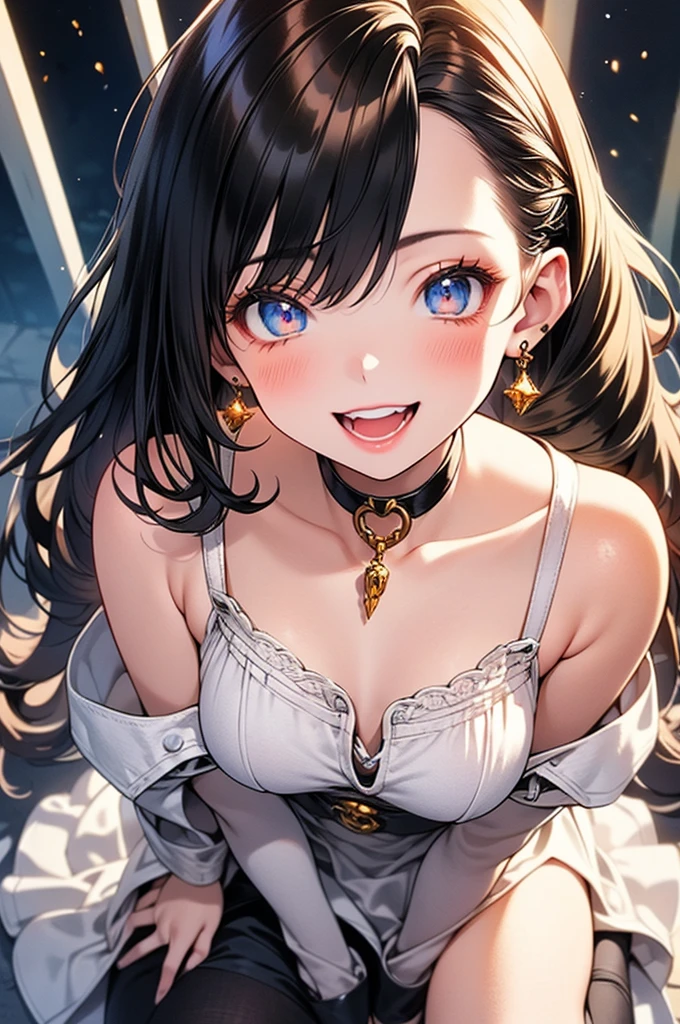 wide shot,from above,(cowboy shot:1.2),looking up,up,(1girl:1.5),(very beautiful women),masterpiece,sophisticated creativity,high definition,anime,8k, professional lighting,break,dynamic lighting,super detail skin,complex detail,hyper detail, Sharp Detail, Hi-Res, fantasy, (Delicate Facial Features: 1.3),BREAK,Front,(Ultra Wide Angle:1.3),(Depth:1.5),(Looking Down),(Light Penetration),BREAK,Outdoor,(Castle Town),Moon and Starry Sky,Fireworks,Big,Lustrous Hair,(Dark Blue Medium Hair),(curl inside hair),(Gothic Frill dress),(laugh:1.3)