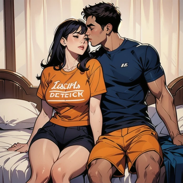 loving couple dating looking at each other sitting on a bed
