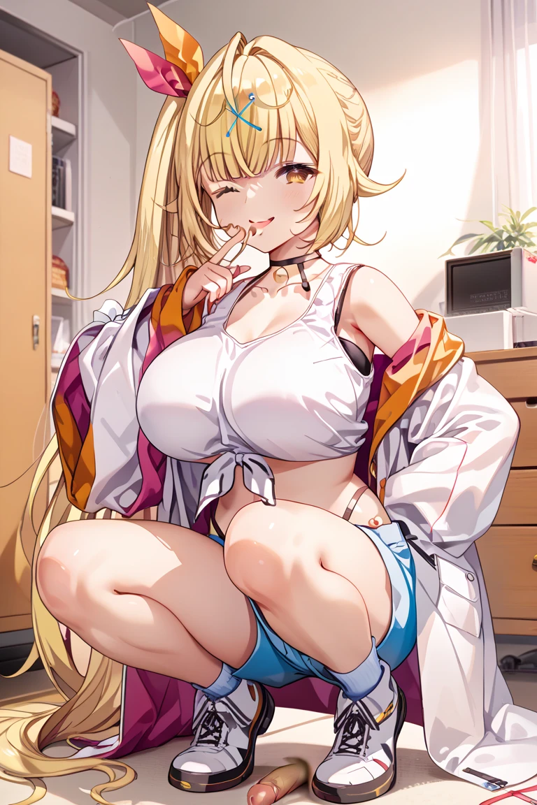 mio, 1girl, solo, breasts, blonde hair, multicolored hair, red eyes,large breasts, cleavage, shorts, long hair, thighhighs, brown shorts, camisole, shirt, smile, ribbon, indoors, bedroom, gaming_chair, chubby