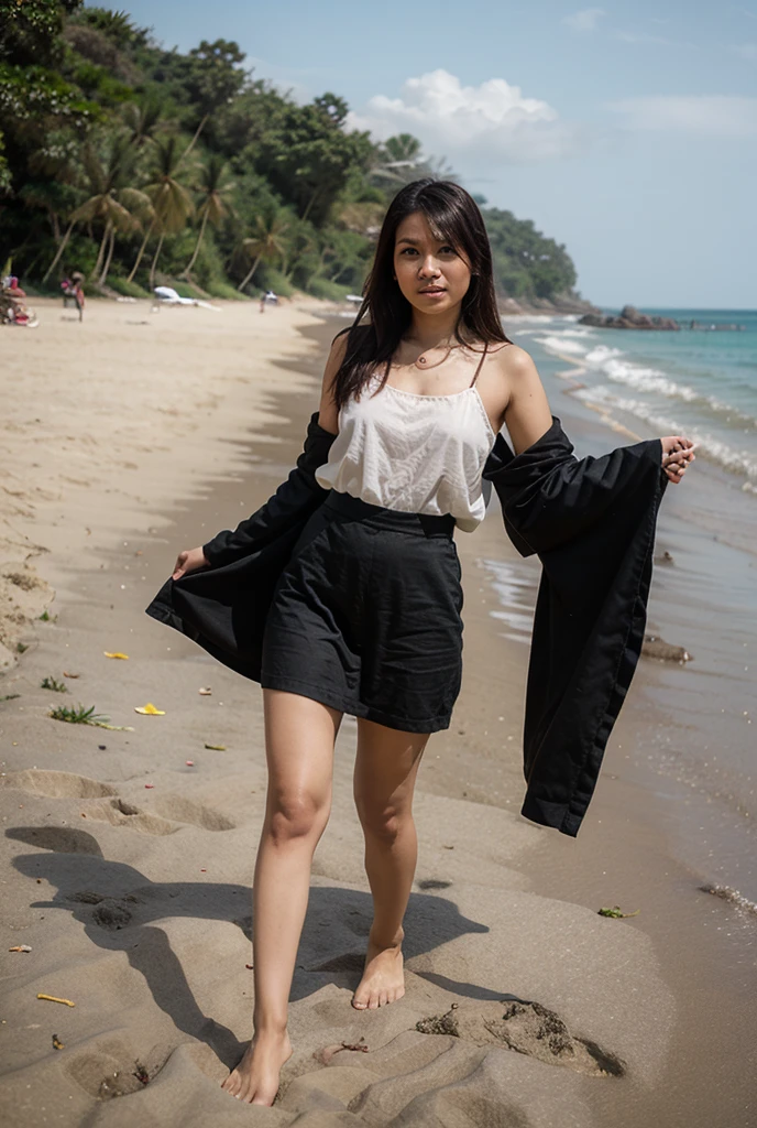 best quality, ultra-high res, (photorealistic:1.4), black hair, naked full body, looking_at_viewer, high heels, little smile, standing on the beach, shy