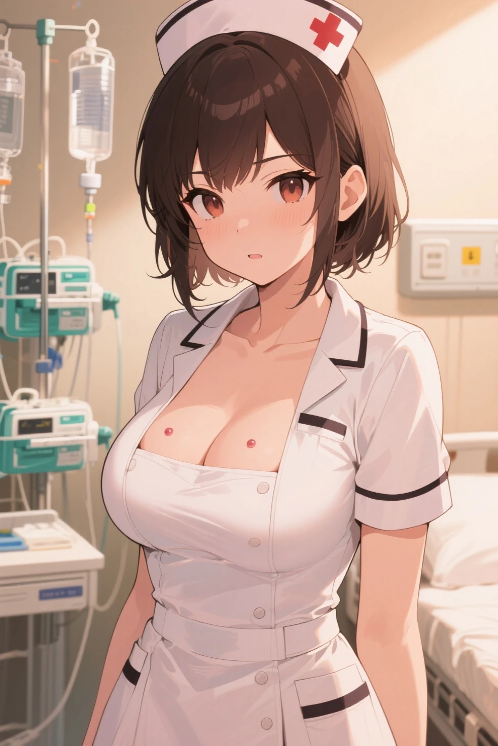 1girl, natural lighting, masterpiece, highly detailed, illustration, game CG, absurdres, high quality, aichan, (large breasts), beautiful detailed eyes, short hair, ponytail, light curled hair, bangs, glossy lips, lips parted, collarbone, nurse, white nurse dress, nurse headband, ID card, looking at viewer, shocked, surprised, upset, (quicksand:1.3)