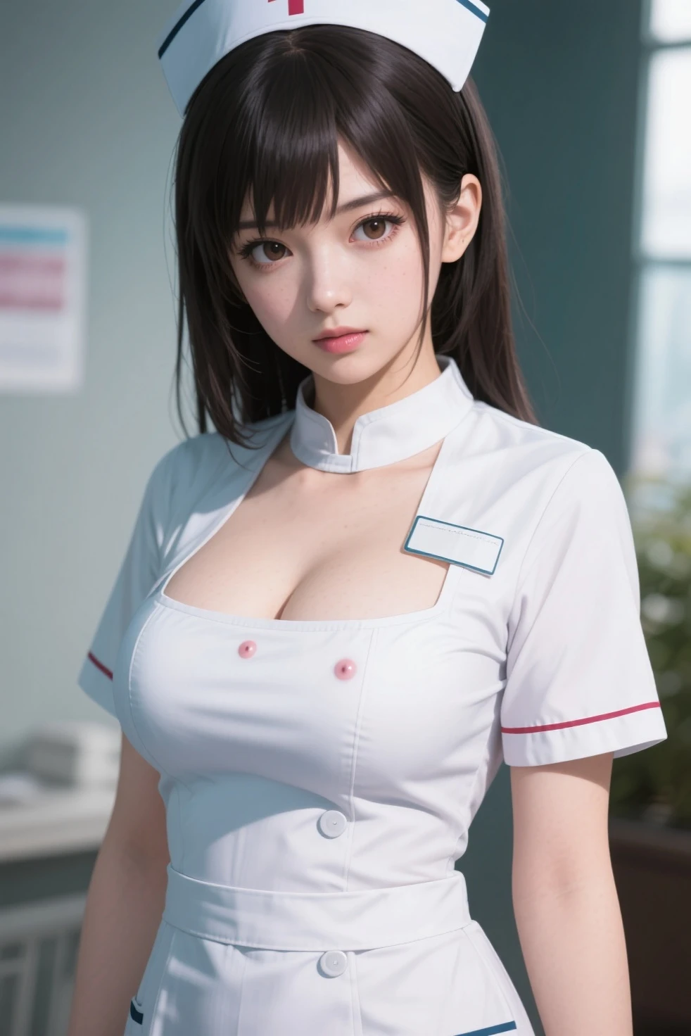 ((highest quality, 8K, masterpece :1.4)), highest real,Sharpness:1.3, Perfect Body Beauty:1.4,(pureerosface_v1:0.008), ((super real,best quality)),(soft lighting),super detailed face,top-quality,SUPER high resolution,Extraordinary beautiful girl,Detailed cute and beautiful face,facial hairs,Bangs that extend to the face,Bangs between the eyes,eye liner,Lush bust,fine eyes, double eyelid,((In-focus image,no blur)),,(((alone girl))),fine detail,highly detailed face and eyes, (cute face:1.6), my sister,18years old,(huge breasts:1.8,beautiful areola,small areola),----((NSFW:1.4))----------((make eye contact with the audience)),((Composition from the avobe:1.2)),-----(Inside the hospital, bright room, Marble floors, white concrete walls,large windows, sunlight shines in),(Beautiful BROWN hair:1.2, long Hair:1.2,CUTE HAIR STYLE),-----(SMILE FACE:1.4),PAIZURI:1.5.(((long penis, breasts blowjob:1.2)), (( penis is between breasts:1.2)),((Close your breast with both hands))),------(Squatting:1.4,arched back:1.3,place both hands on breasts:1.2),((close up face:1.2,upper body:1.2)),-----((Real short nurse uniform:1.2, white nurse uniform:1.2, white nurse cap:1.2)