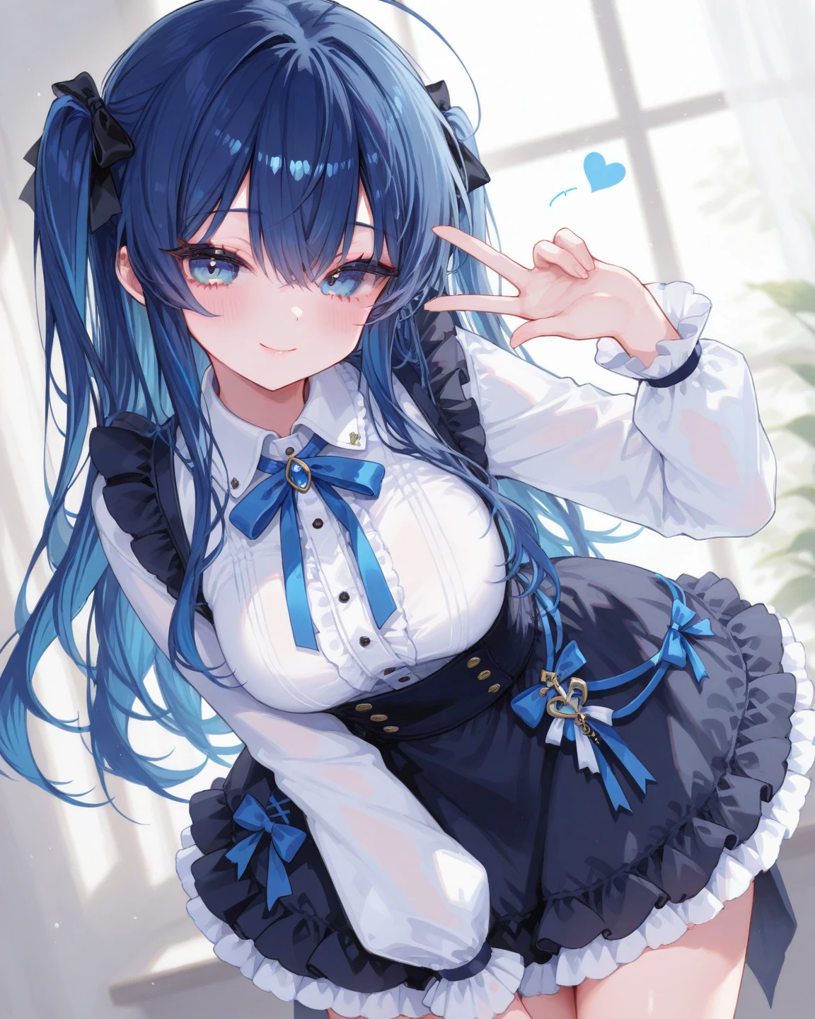 SuiseiStellar, long hair, half updo, tilted crown, white shrug \(clothing\), juliet sleeves, blue brooch, blue pinstripe shirt, blue vest, half gloves, latex black shorts, half-skirt, o-ring thigh strap, single thigh boot,1girl, solo, , long hair,,,my room,side ponytail,small breasts,),(cum:1.5),(spoken heart),(sweating),looking viewer,peace pose,smile,