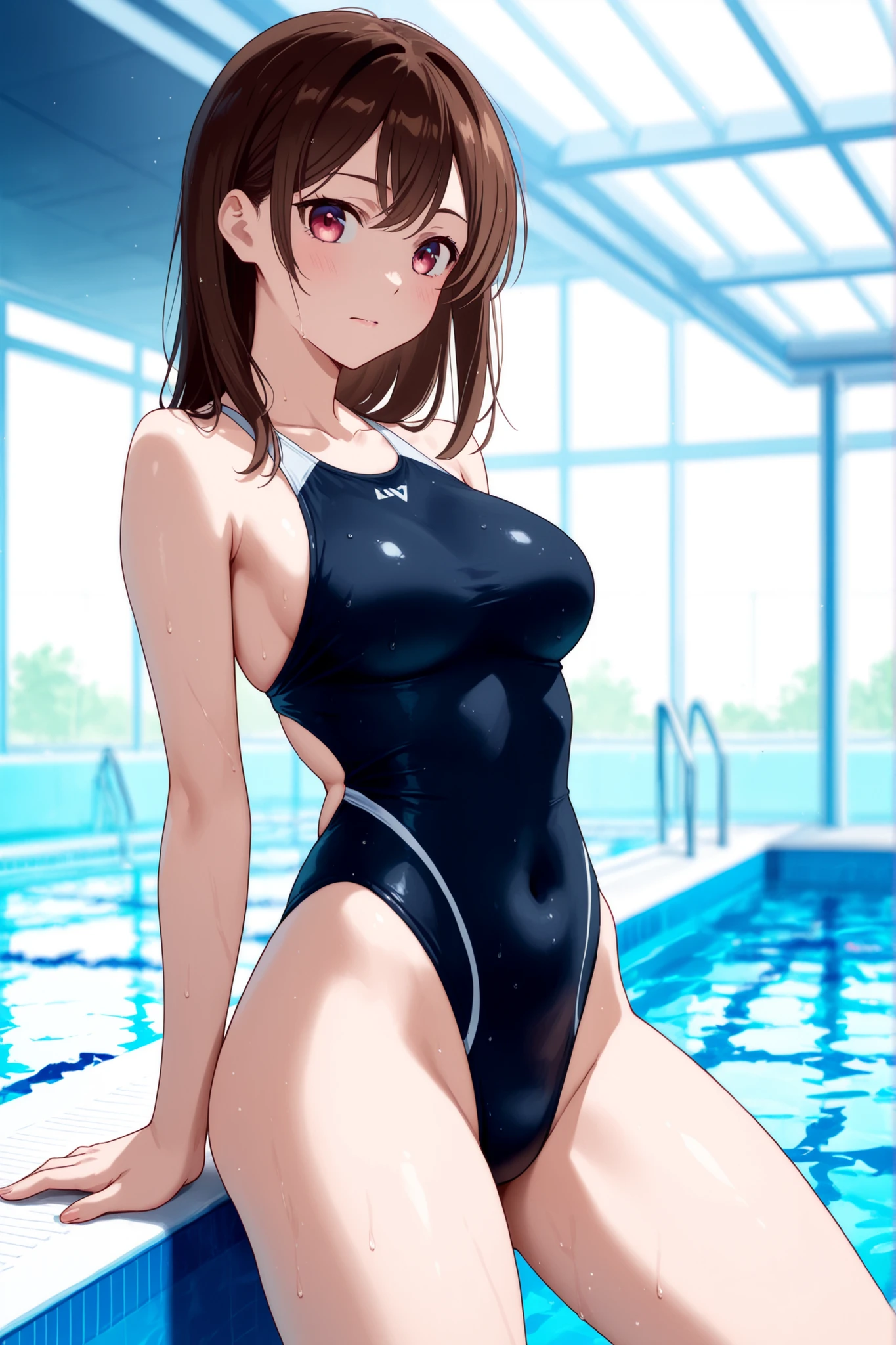 ((1woman and 1man,hug,kiss)), BREAK (The man is 18 years old、black short hair、sharp eyes、slim body、black eyes)、(masterpiece Best Quality, absurderes, Perfect Anatomy, Unity 8k Wallpapers,best anime), Detailed beautiful face and eyes,cowboy shot,(focus 1woman), BREAK 16-year-old beautiful girl、Japanese,((Dark blue student swimsuit:1.5,leotard swimsuit:1.4,bara shoulder:1.3)),(black hair,low twintails:1.4),red eyes、shy look、((smaller head:1.5,skinny:1.2,slender body:1.4,ideal ratio body proportions:1.5,medium breasts,sweat:1.4)),sitting、((Poolside、School Pool))、Schools in Japan、