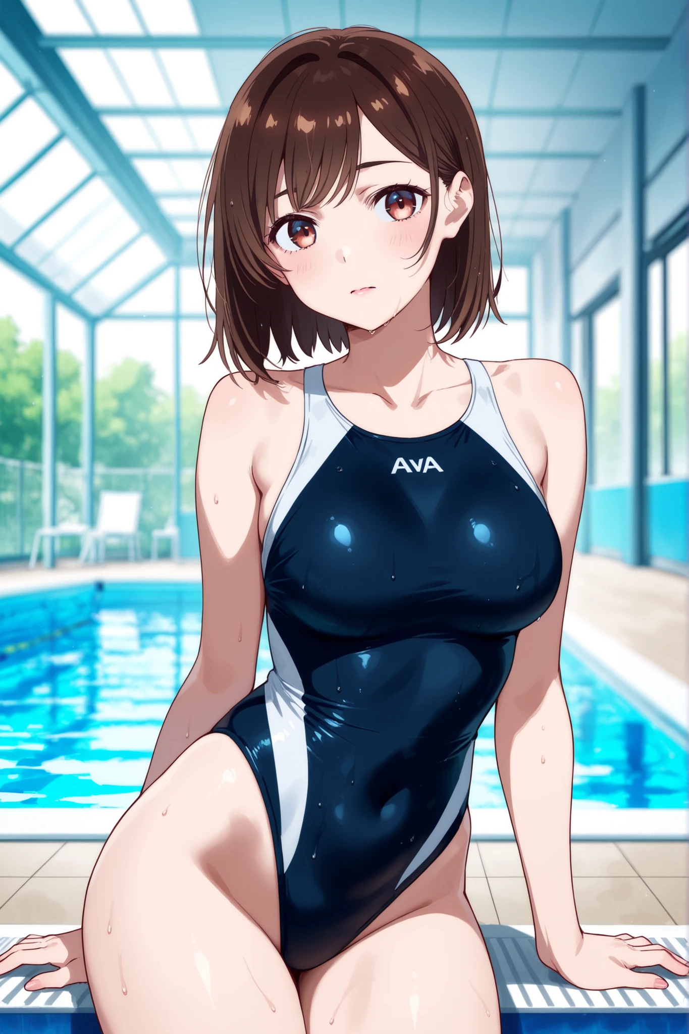 Came out of the pool、A Japanese woman with short brown hair was wearing a high-leg swimsuit