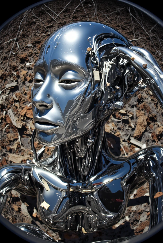 solvique full body female terminator on the battlefield, made of melting silver liquid, cinematic, enigmatic, expressive , walking to me, sarcastic smile , ((melting metal mechanical body, the half part of mechanical skeleton is visible, dripping liquid metal)), chest push-up, very thin waist, long legs, long legs, fine and detailed hands, charisma, charismatic, ((best quality, extremely detailed:1.8, hyperRealist:1.5, photorealistic:1.5, great depth of field, masterpiece))