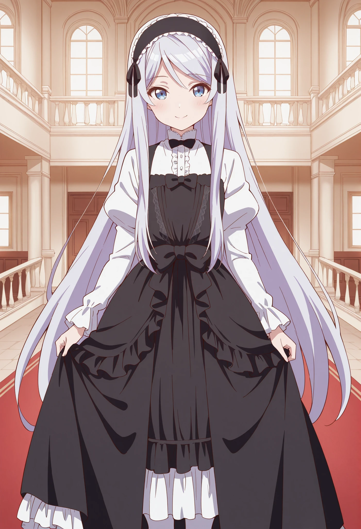 Score_9, score_8_up, score_7_up, source_anime, shisei houjou (kurakon), solo, very long hair, grey hair, frilled hairband, hair ribbon, sidelocks, blue eyes, flat , (best quality), (high quality), {masterpiece}, extremely delicate and beautiful, ultra-detailed, beautiful detailed eyes, maid uniform, gothic ta, white blouse, black dress, long sleeves, puffy sleeves, bow, frilled skirt, long skirt, white pantyhose, mansion, indoor, smile, closed mouth, standing