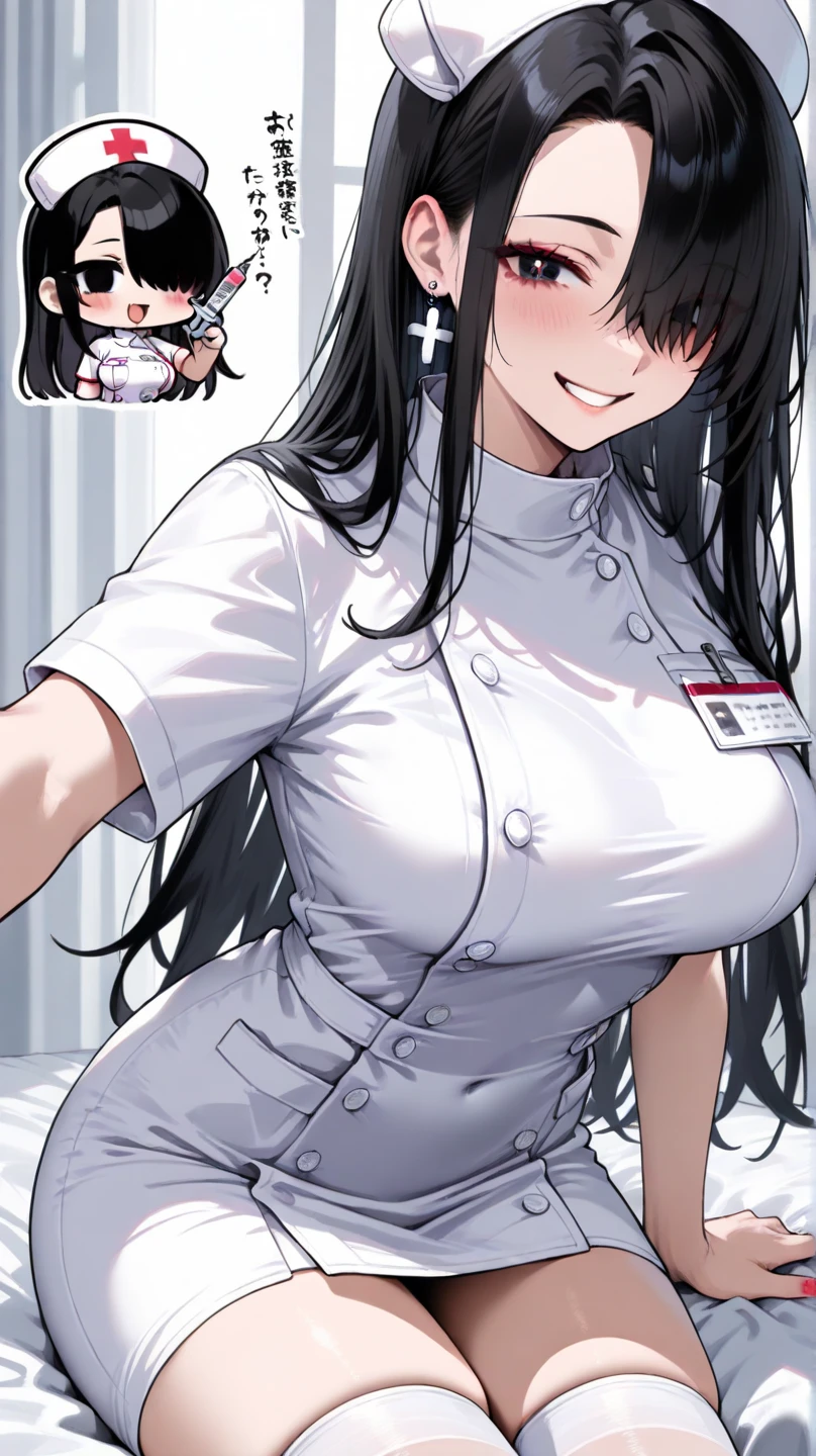1 girl,Solo,shiny hair, black hair, eyes,black,best quality, very aesthetic, absurdres, very sweaty,absurdres,(huge),(dark red),female pov,upperlatin girl nude cartoon with big boobs posing with fingers making peace sign, multiple girls, breasts, long hair, pasties, hat, blush, black hair, nurse cap, heart pasties, smile, navel, sweat, nude, heart, double v, looking at viewer, open mouth,feet,outside, naughty_face