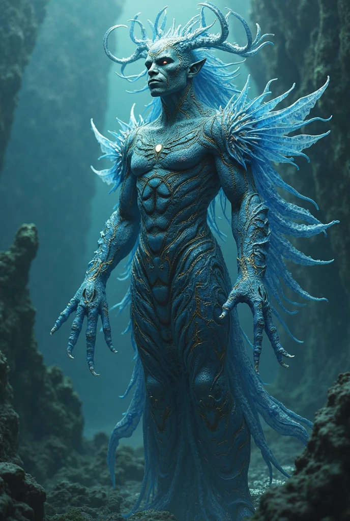 4k realistic, (water elemental, humanoid body made out of water:1.2) sapphire aesthetic, full body, sky background, fantasy art, being made of water, water body, water monster, male, male elemental, masculine