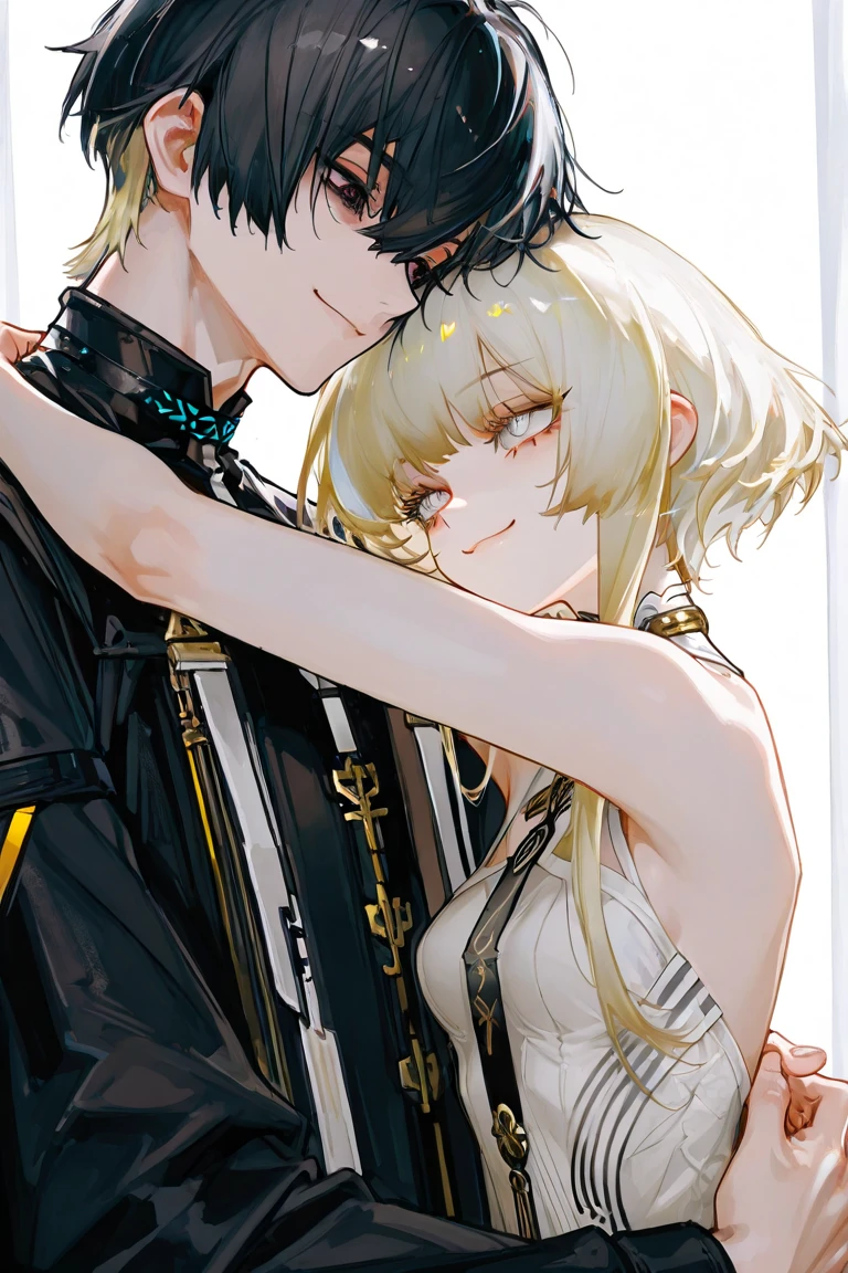 Masterpiece，Best quality，High details，1boys，Light yellow hair，校服，hooligan，This character has muscles，shoun，Tall，Very handsome，There are tattoos on the arms，1Blittle girl，Girl with long gray hair，The girl is very small，Boy touches girl