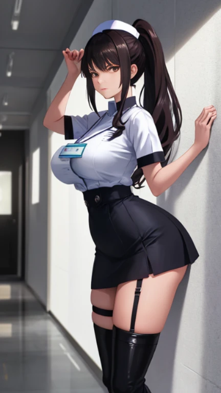 Student in uniform, high, of 2.00 meters high, black fur, purple eyes, Normal breasts and long, sexy legs, she stands in front of you with an angry face because you are in her way.