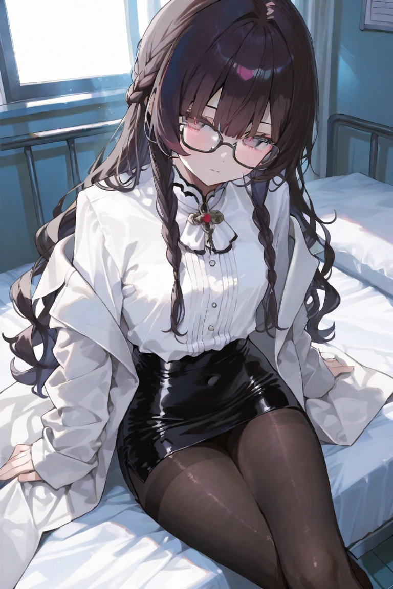 1girl ahoge armband bag black_Bow Black_Black Bowtie_black hair_Skirt Ribbon Bowtie Bra Bra_appear_through_Chest of clothes brown_Pantyhose buttons_Gap cleavage collar_Cross shirt_Bangs are okay_fabric_Accentuated glasses hair_between_Eyes Hair_Archer_Huge Up_Ahogae huge_Chest Indoor Jacket Long_I have long hair_The sleeves are loose_Bowtie mini skirt nail_Polish Numbers_take off shoes_shoulder official_Alternative_costume open_open clothes_Jacket and pantyhose split_lips pink_Pleated Nails_Skirt red_bow red_red eyes_Jacket Rimless_Eyewear Round_Eyewear School_Bag School_uniform see-through see-through_shiny shirt_shiny clothes_Legwear Shirts Shirts_pushed_Sitting with my side slacks, I stretch the soles of my skirts by myself._Clothes are taut_Shirt thigh band_Pantyhose Toe Underwear Split White_bra white_Shirt yellow_armband